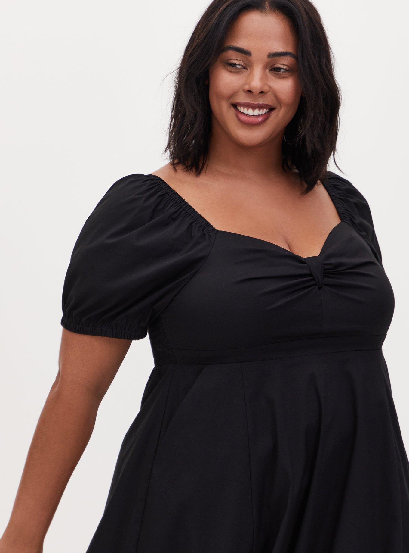 Plus Black Puff Sleeve Ruched Split Midi Dress