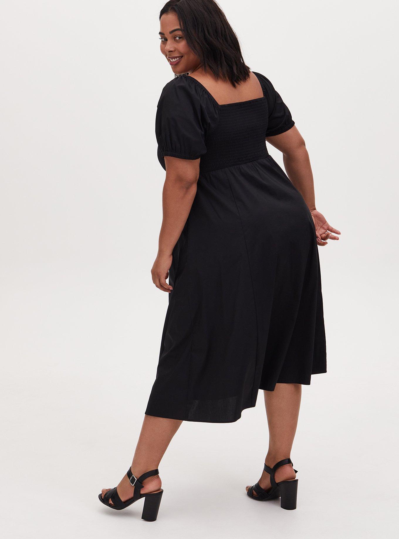 Plus Size - Black Poplin Puff Sleeve Midi Dress - Torrid