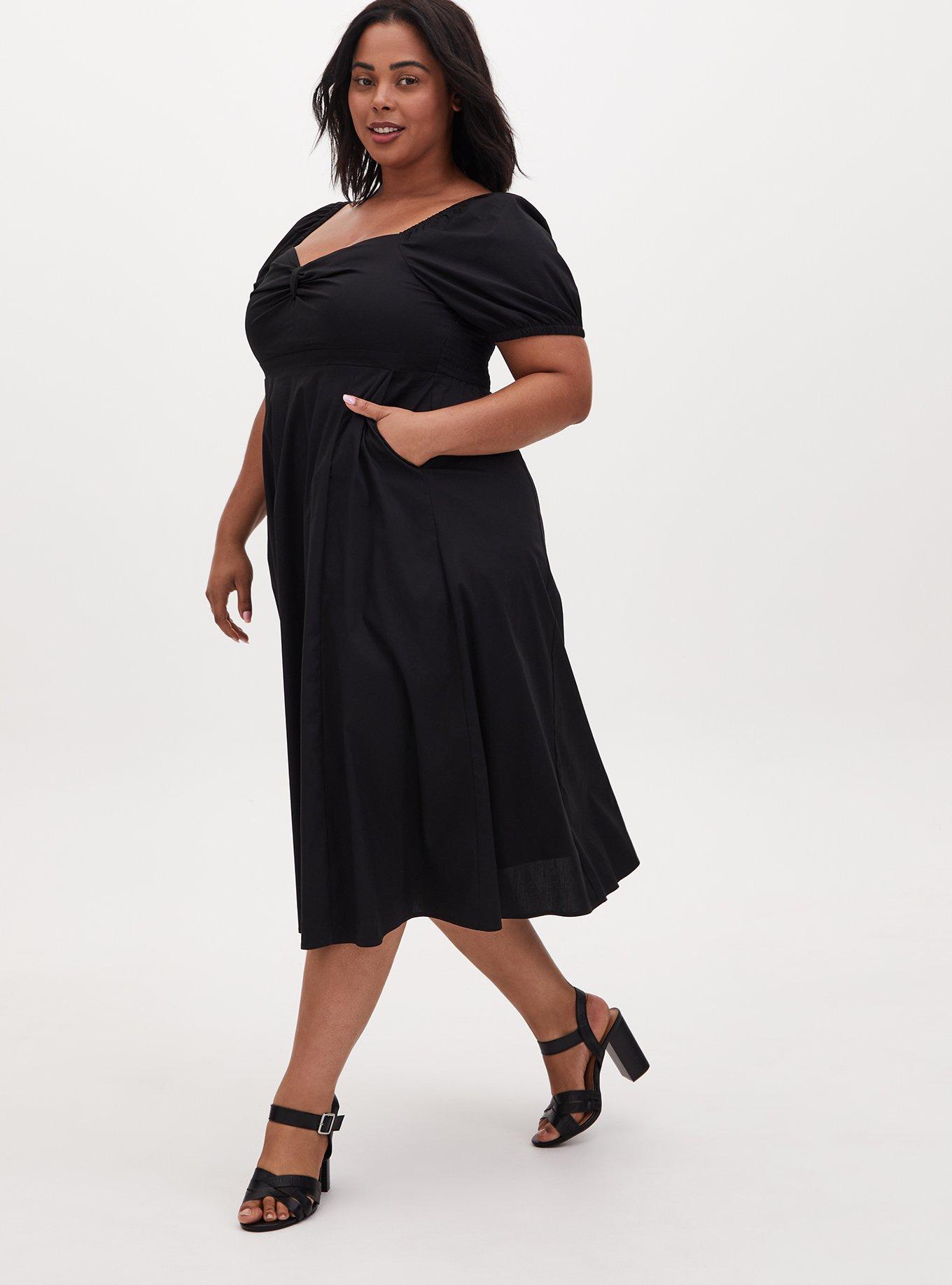 Plus Size - Black Poplin Puff Sleeve Midi Dress - Torrid