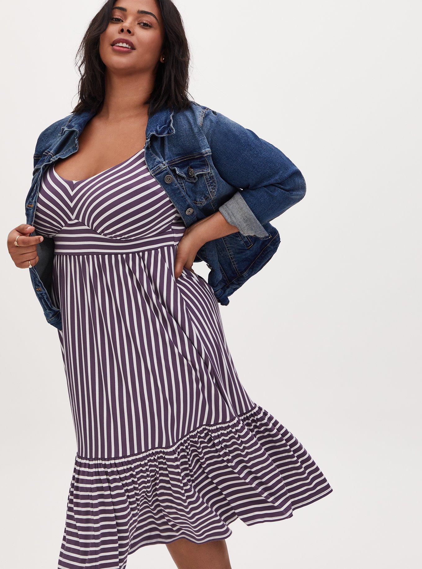 Plus Size - Super Soft Vintage Purple Stripe Shirred Hem Midi Dress