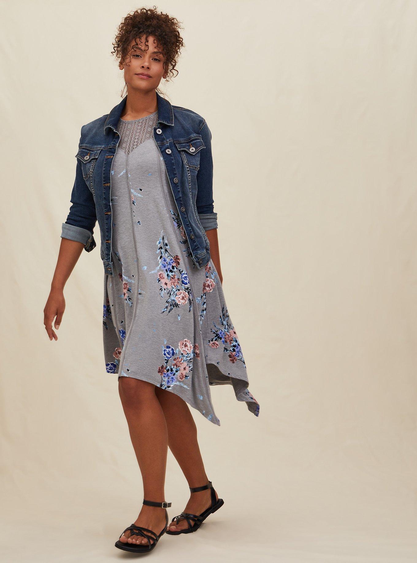 Plus Size - Grey Floral Jersey Handkerchief Fluted Dress - Torrid