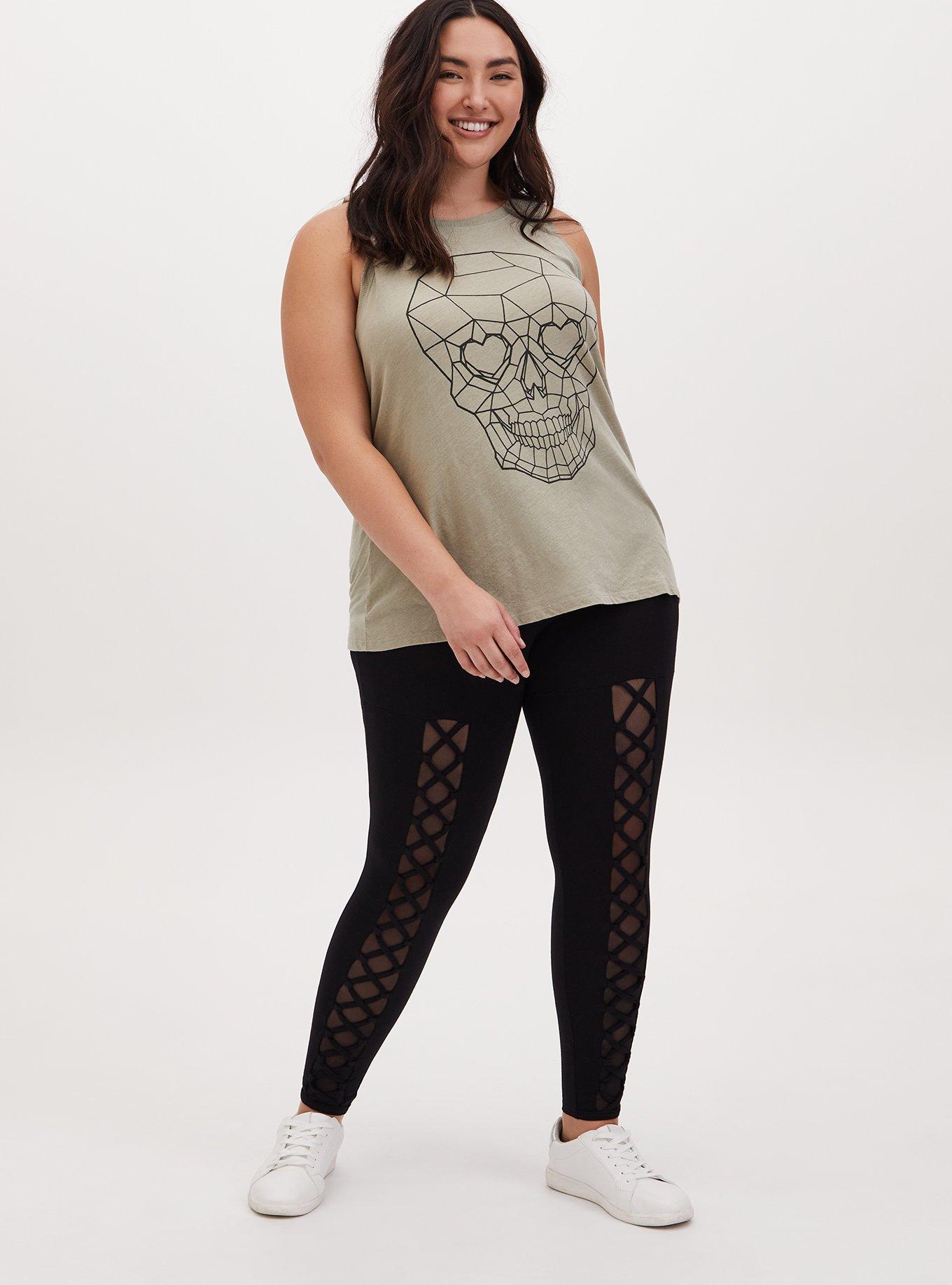 Plus Size - Premium Legging - Front Lattice Mesh Underlay Black