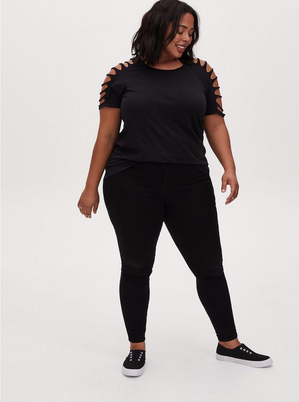 Plus Size - Black Cotton Slashed Sleeve Crew Tee - Torrid Plus Size - Black Cotton Slashed Sleeve Crew Tee - Torrid