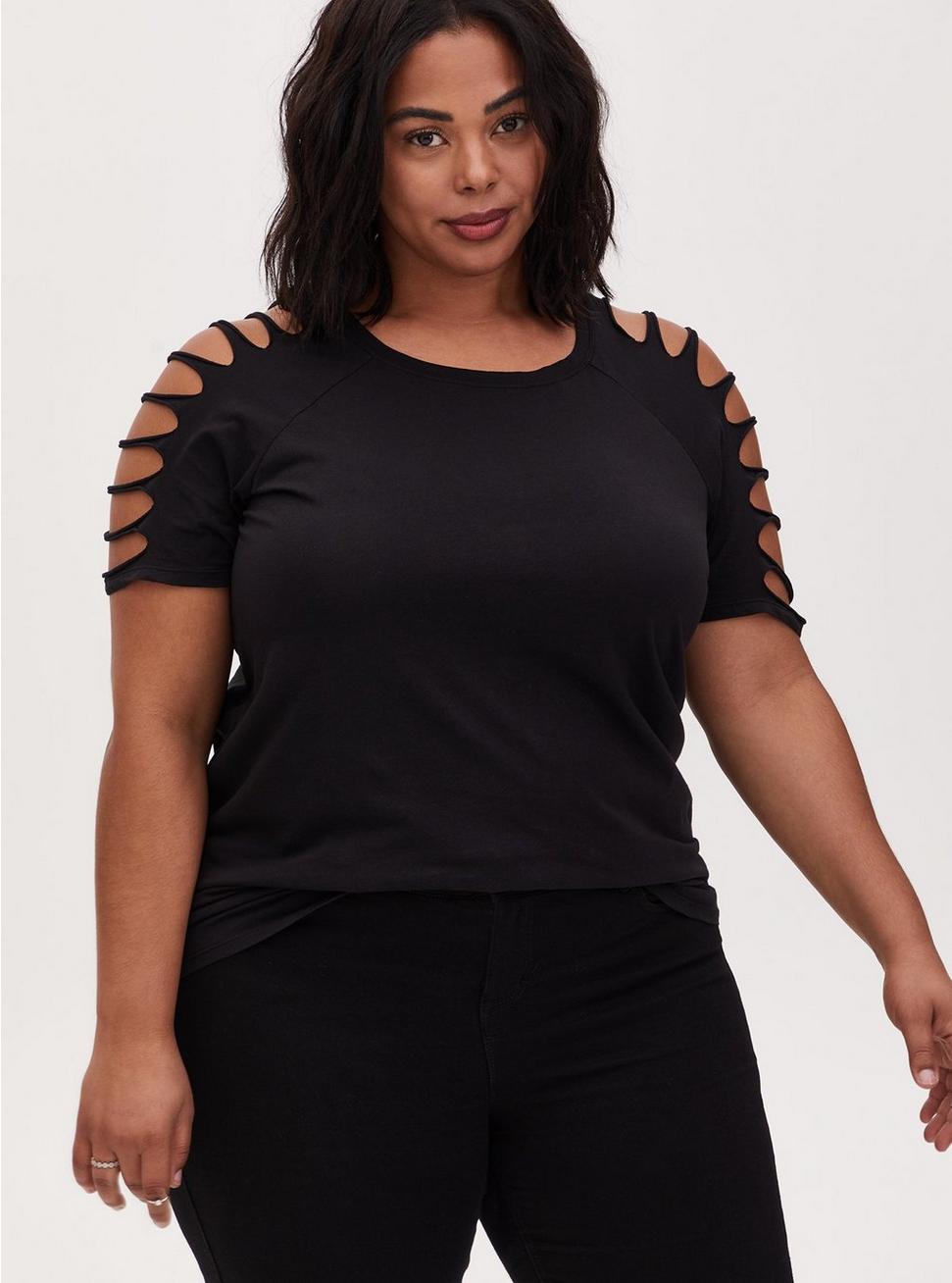 Plus Size - Black Cotton Slashed Sleeve Crew Tee - Torrid Plus Size - Black Cotton Slashed Sleeve Crew Tee - Torrid