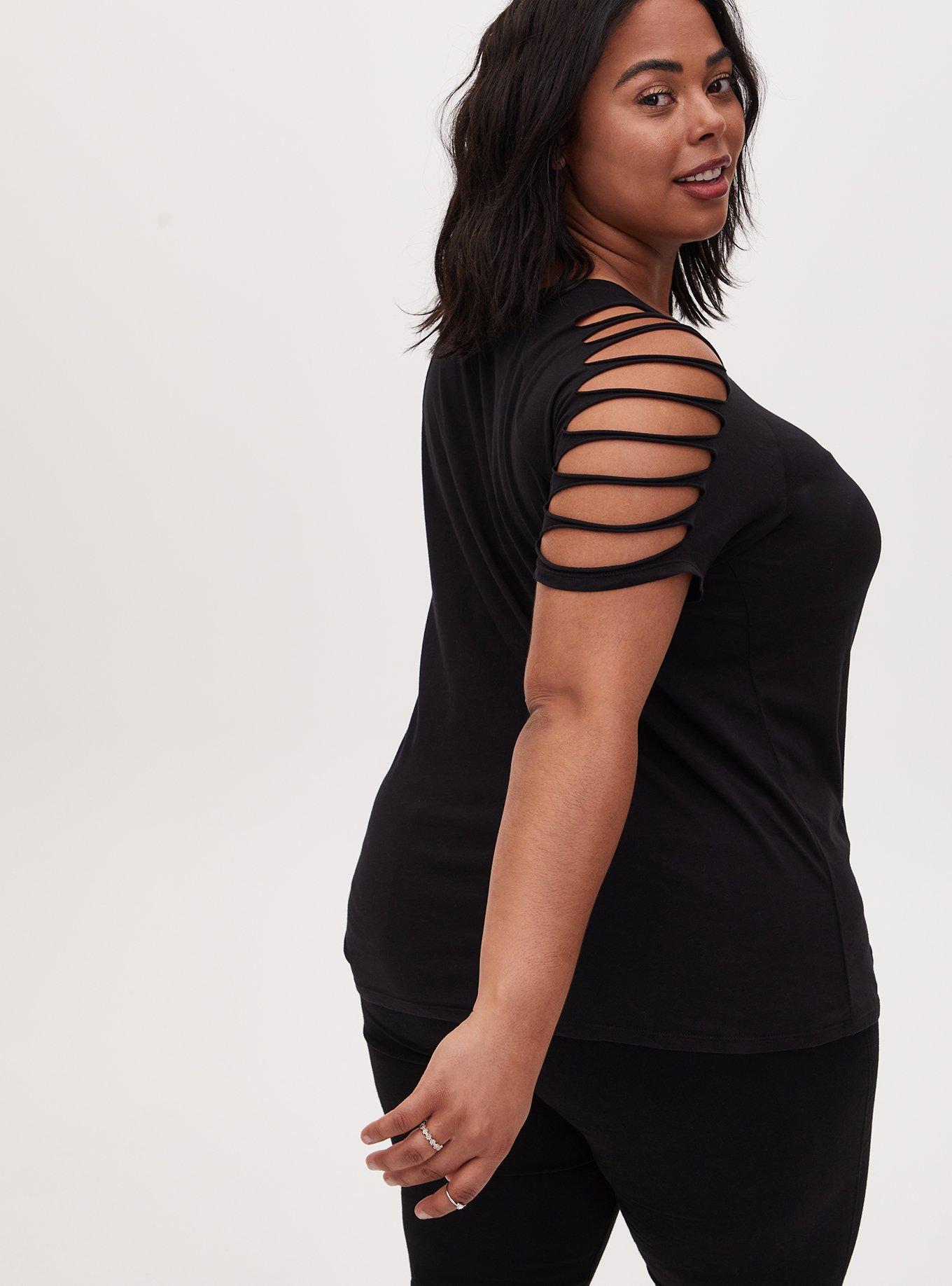 Plus Size - Black Cotton Slashed Sleeve Crew Tee - Torrid Plus Size - Black Cotton Slashed Sleeve Crew Tee - Torrid