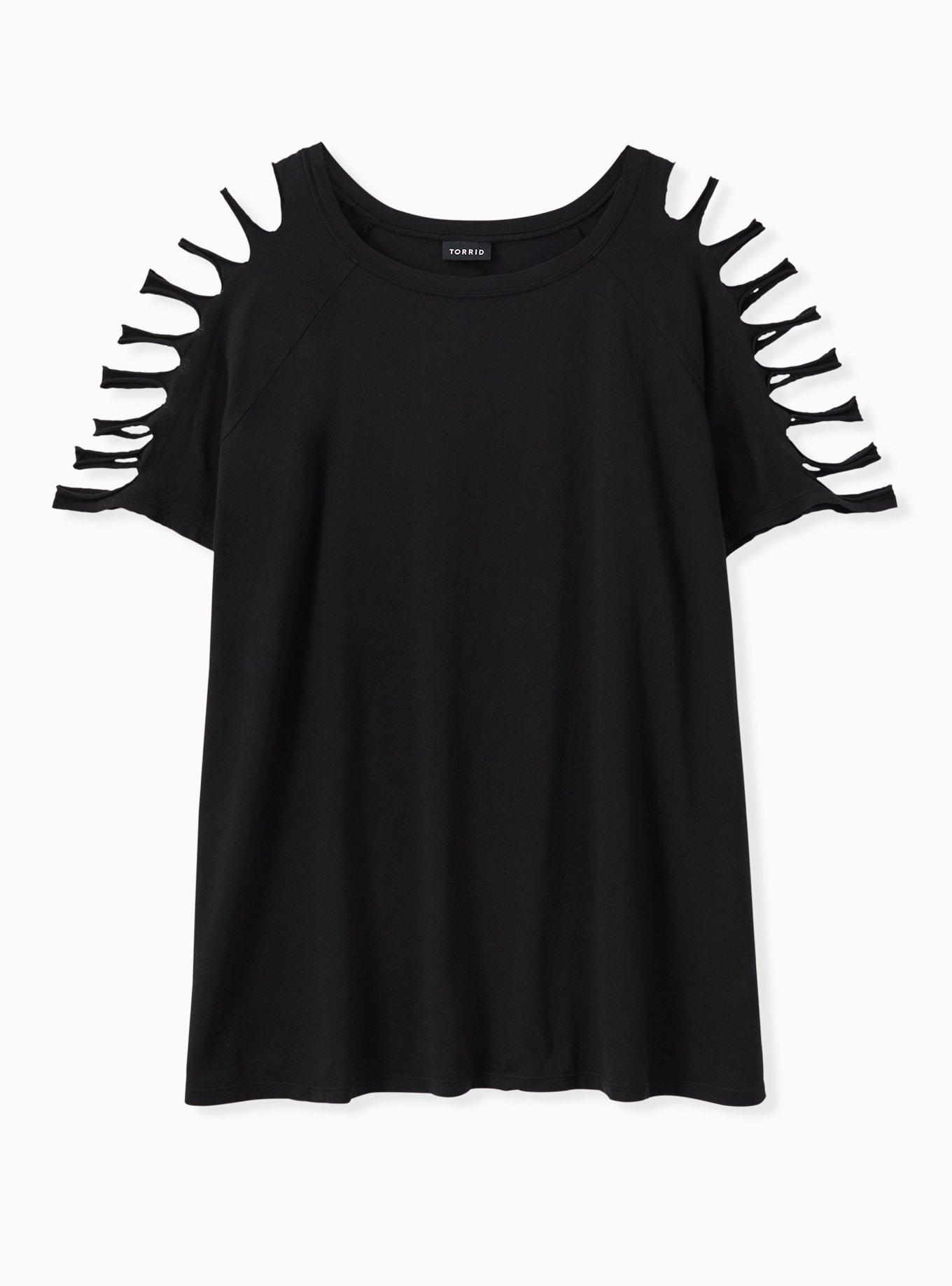 Black Cotton Slashed Sleeve Crew Tee , , hi-res