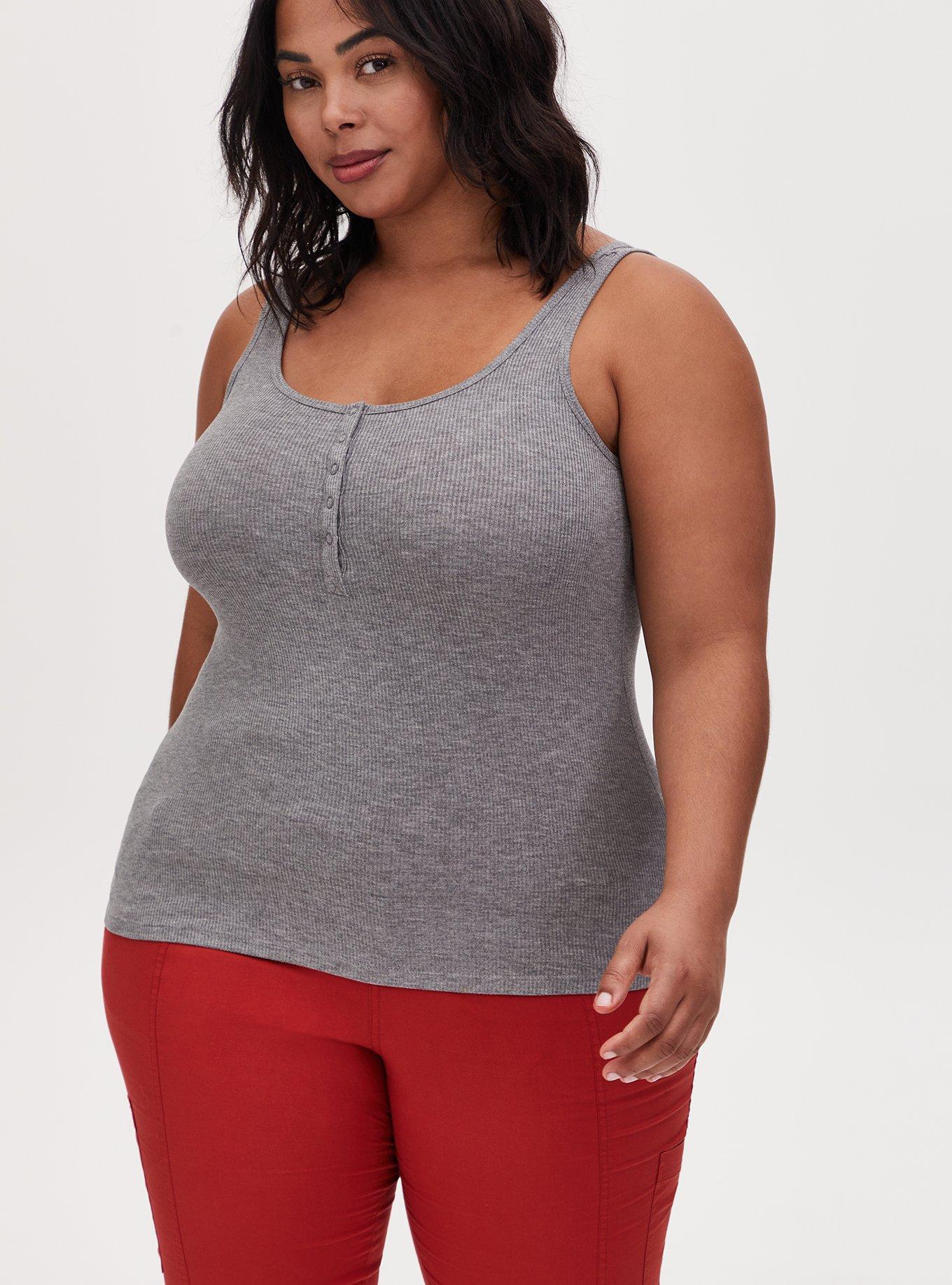 Plus Size Super Soft Rib Henley Tank, HEATHER GREY, hi-res