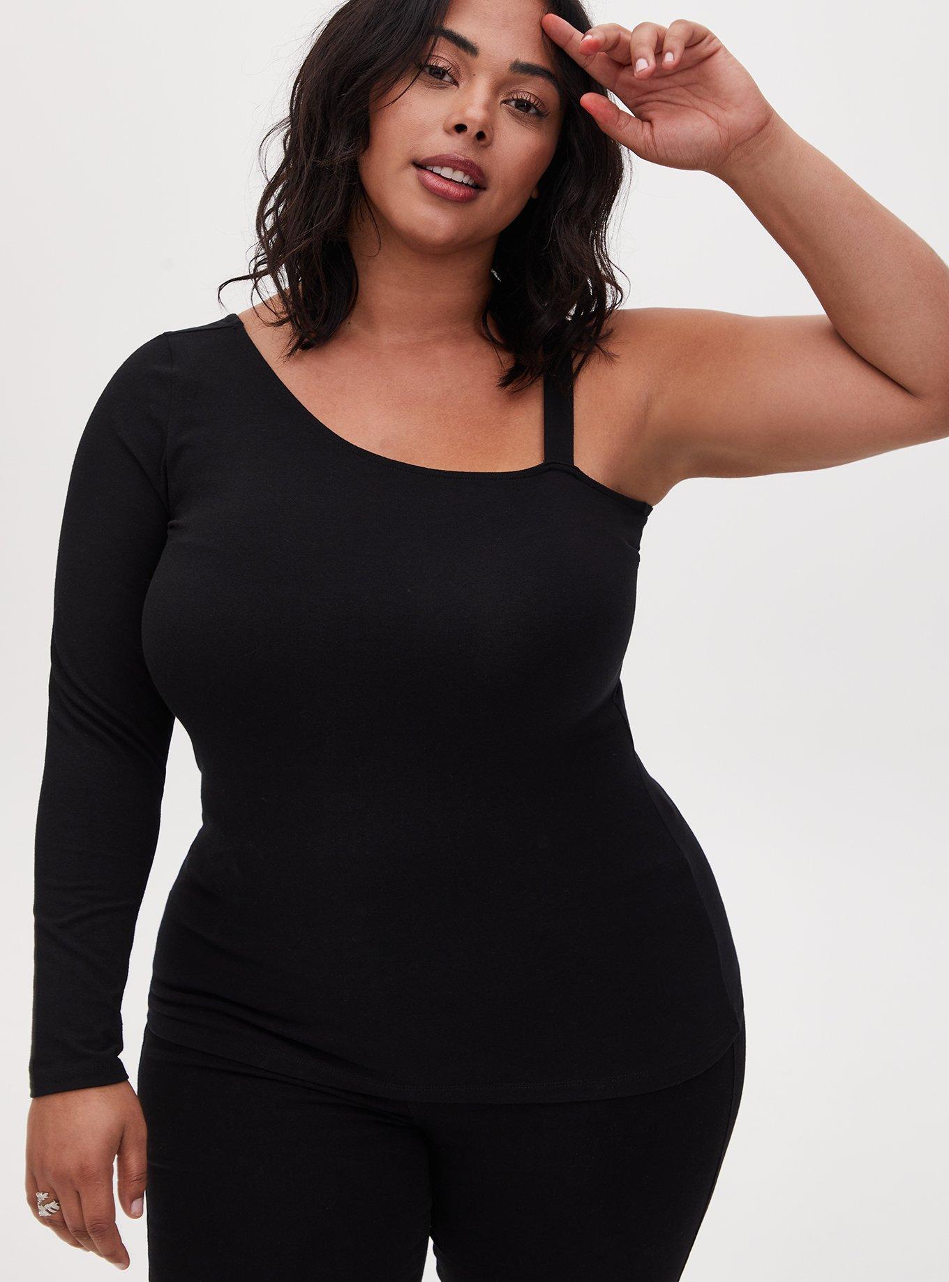 Plus Size Black One Sleeve Foxy Tee, DEEP BLACK, hi-res