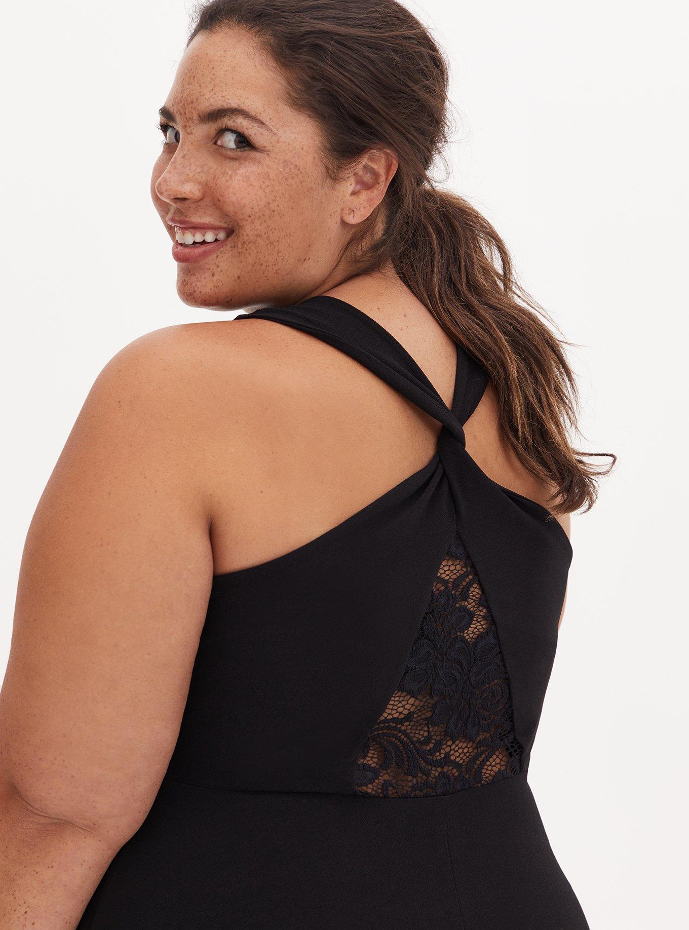 Plus Size Black Crepe Twist Lace Back Skater Dress, DEEP BLACK, alternate