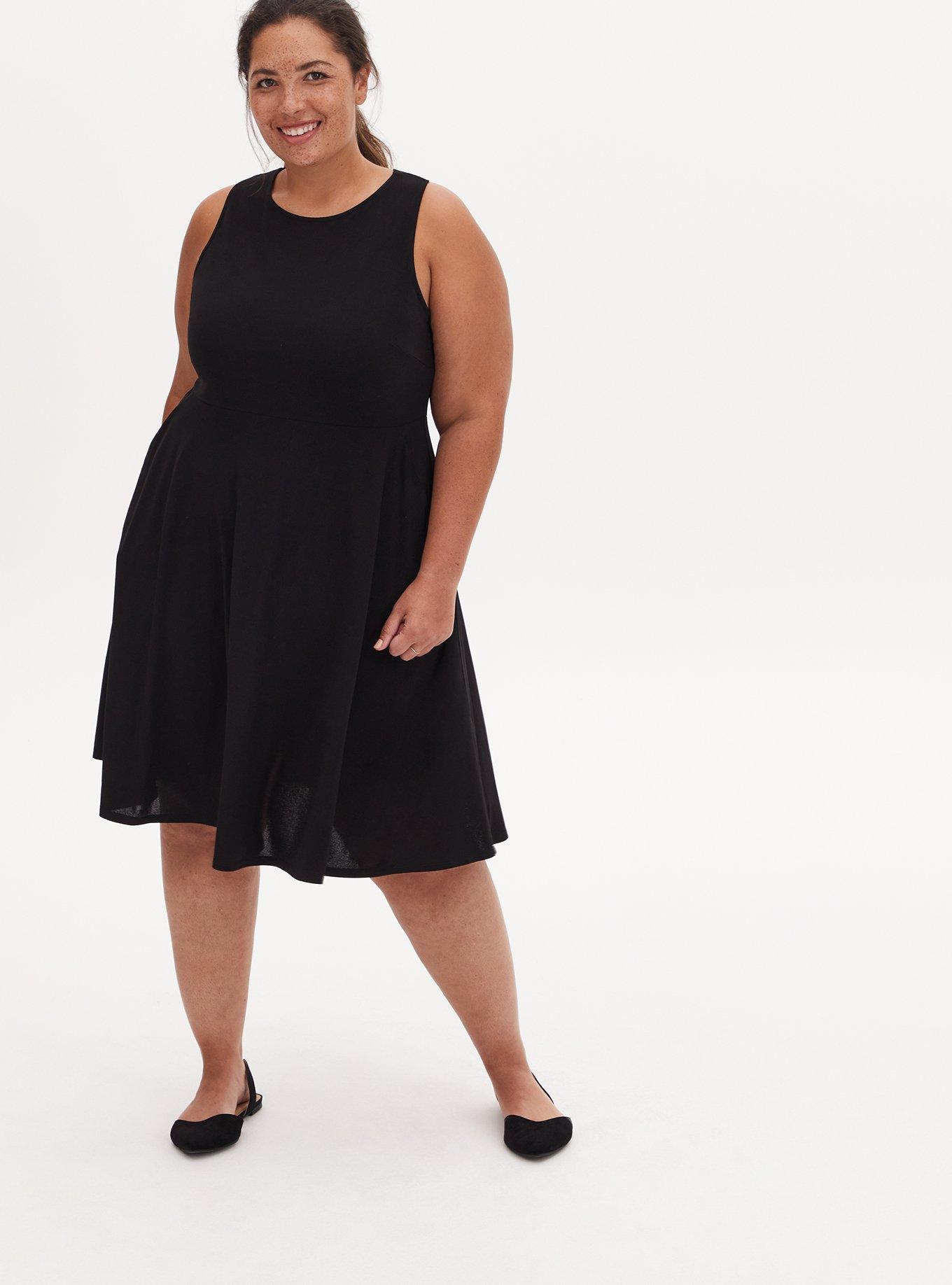 Plus Size Black Crepe Twist Lace Back Skater Dress, DEEP BLACK, alternate