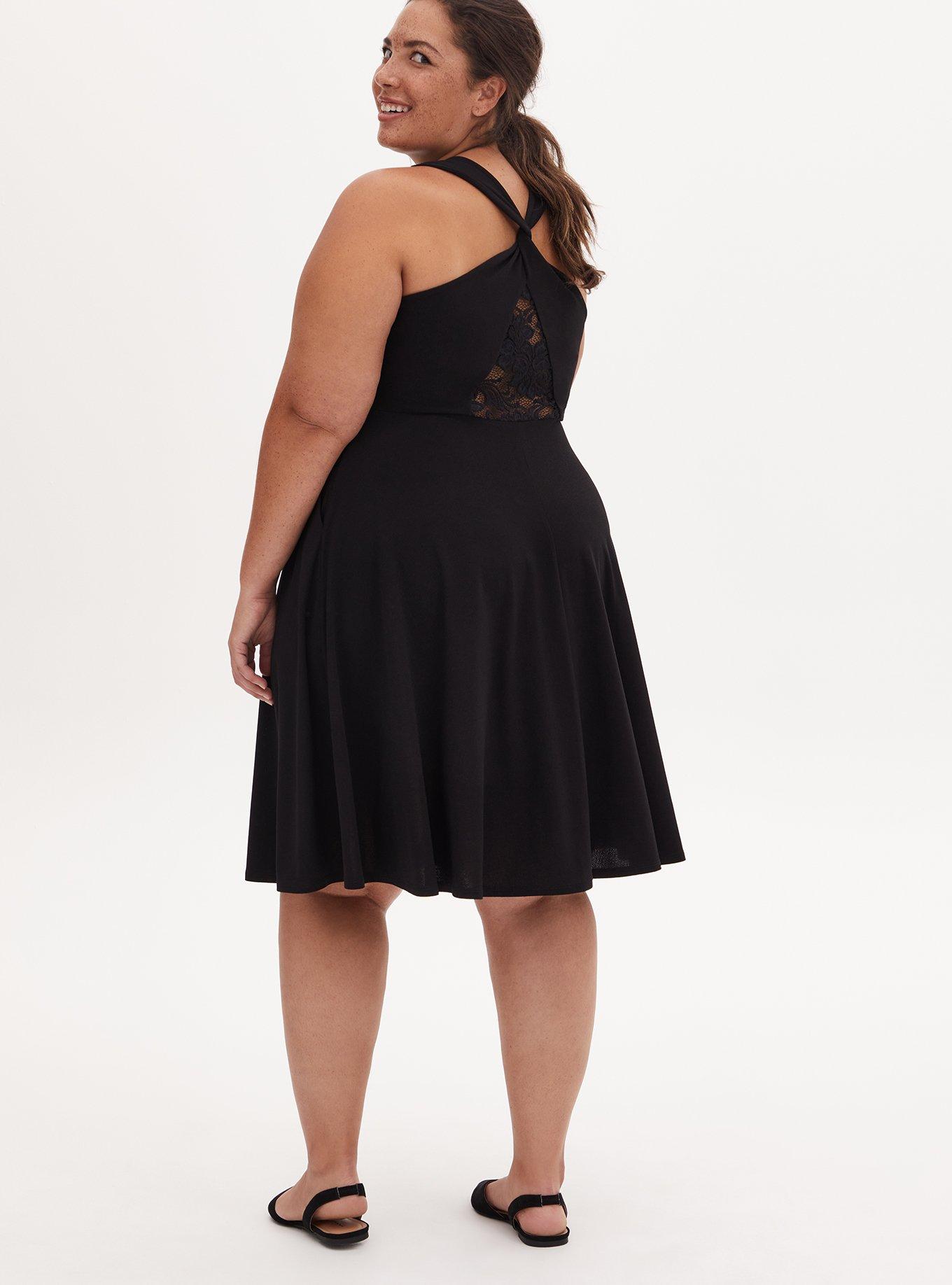 Plus Size Black Crepe Twist Lace Back Skater Dress, DEEP BLACK, alternate