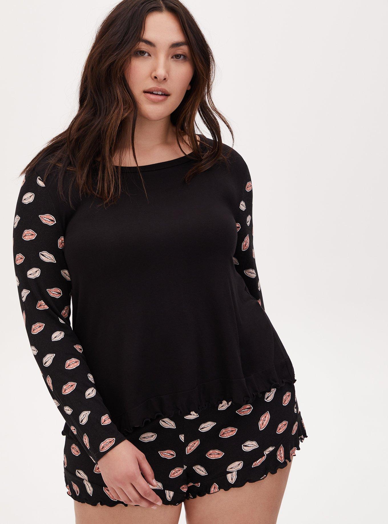 Plus Size Jersey Ruffle Long Sleeve Sleep Tee, DEEP BLACK, alternate