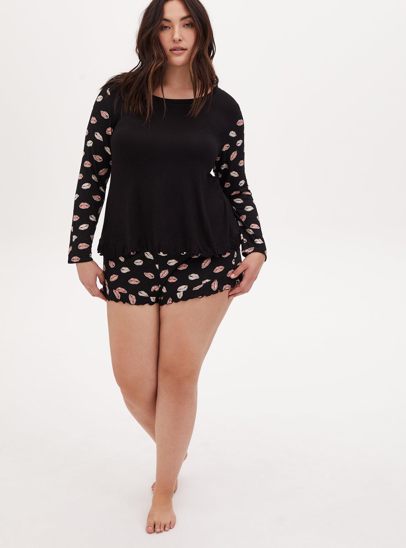 Plus Size Jersey Ruffle Long Sleeve Sleep Tee, DEEP BLACK, alternate