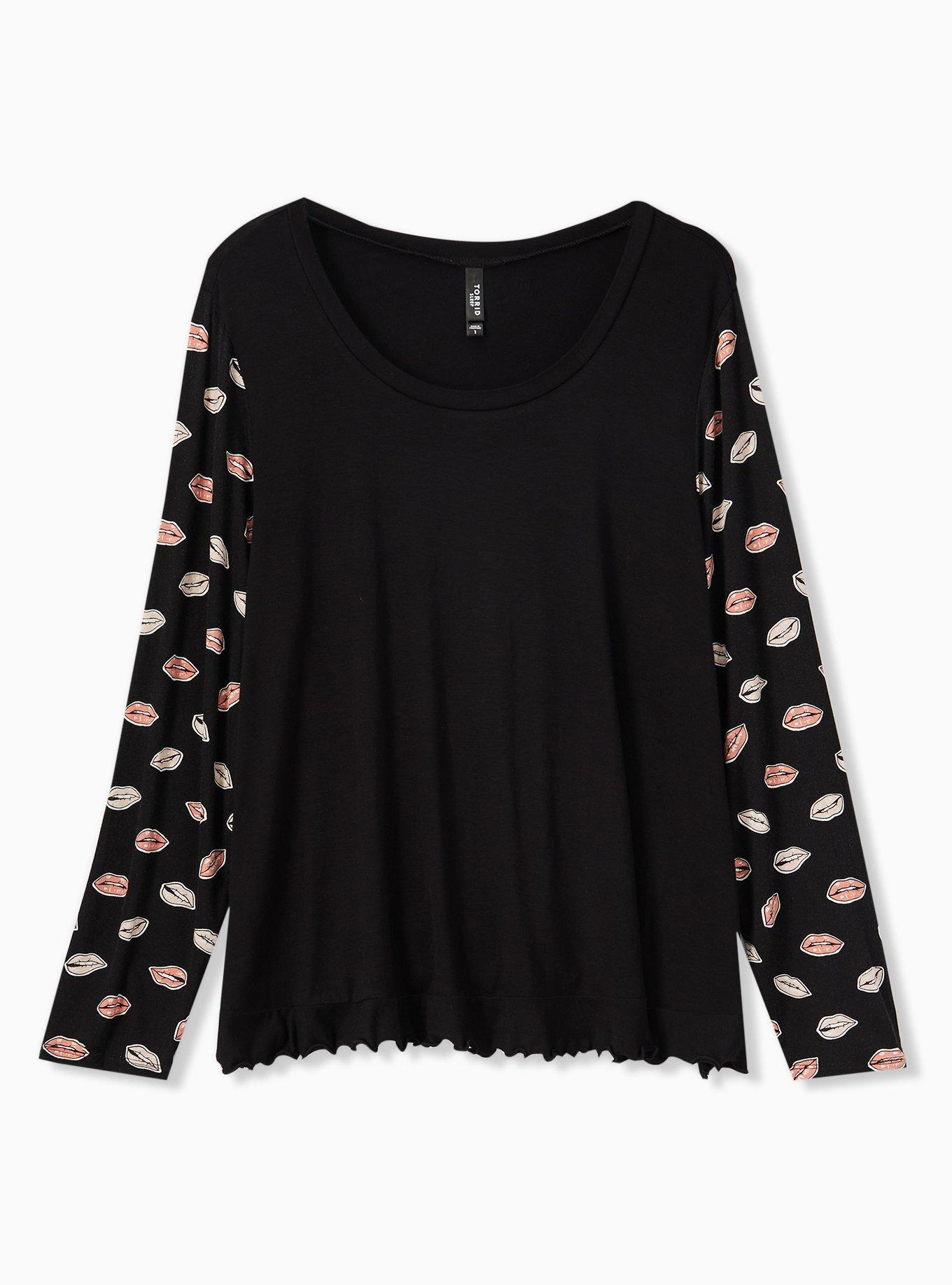 Plus Size Jersey Ruffle Long Sleeve Sleep Tee, DEEP BLACK, alternate