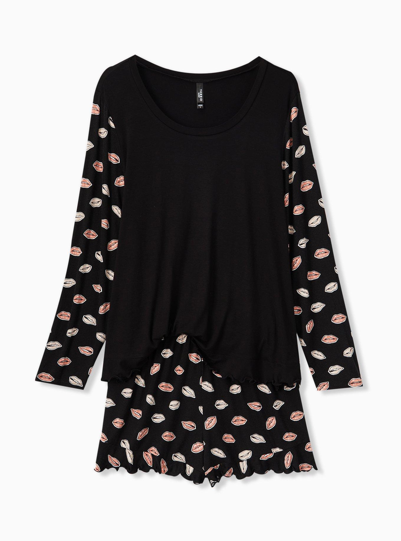 Plus Size Jersey Ruffle Long Sleeve Sleep Tee, DEEP BLACK, alternate