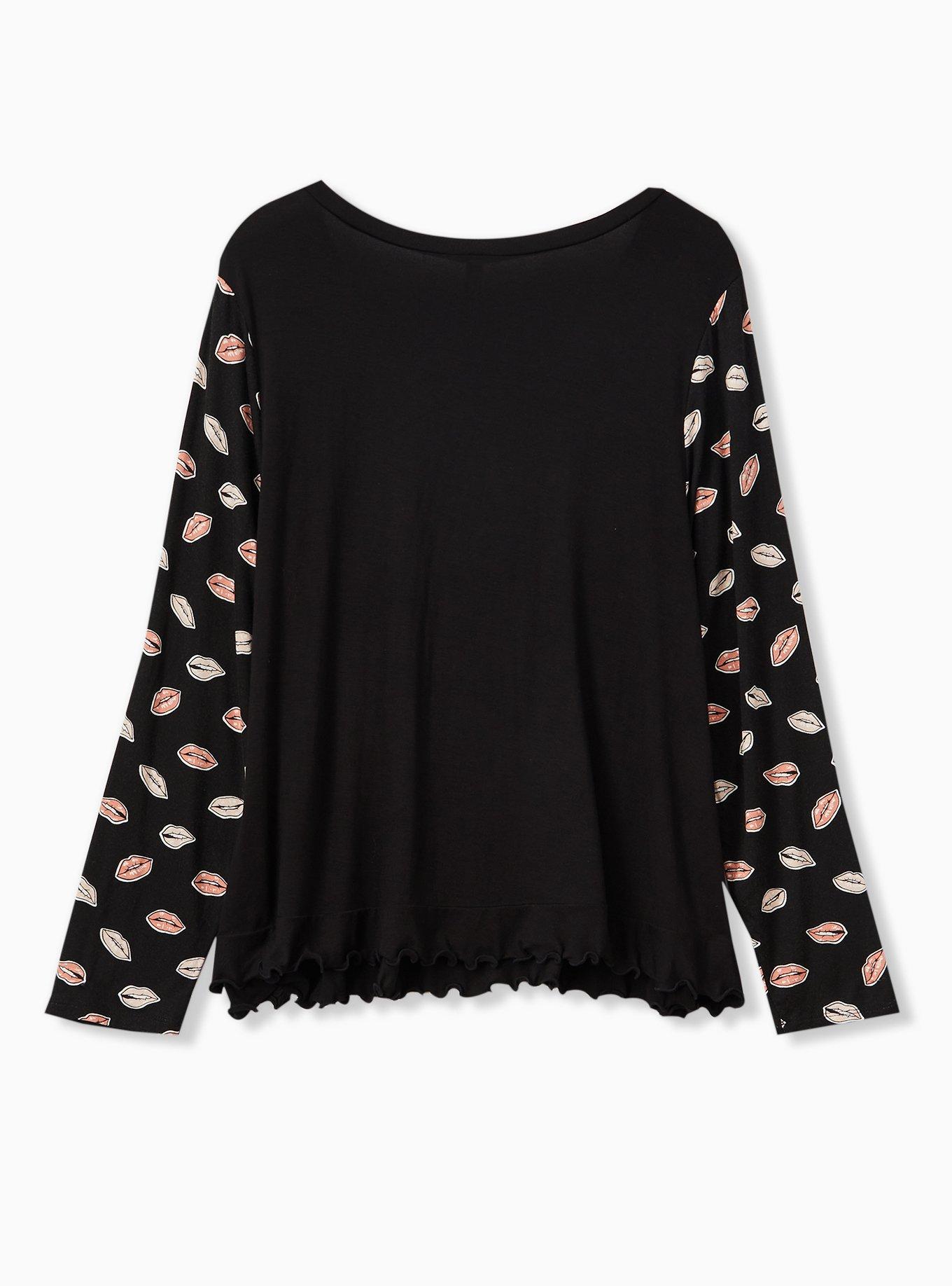 Plus Size Jersey Ruffle Long Sleeve Sleep Tee, DEEP BLACK, alternate