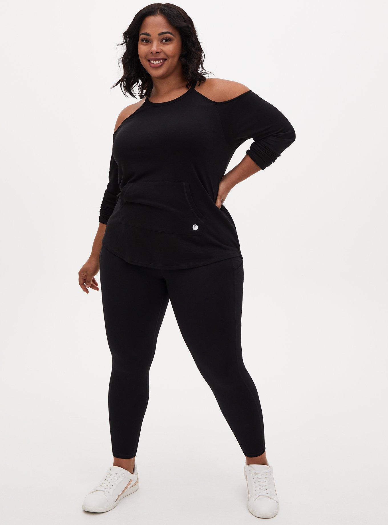 Plus Size Black Terry Cold Shoulder Active Sweatshirt , DEEP BLACK, alternate