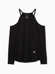 Plus Size Black Terry Cold Shoulder Active Sweatshirt , DEEP BLACK, hi-res