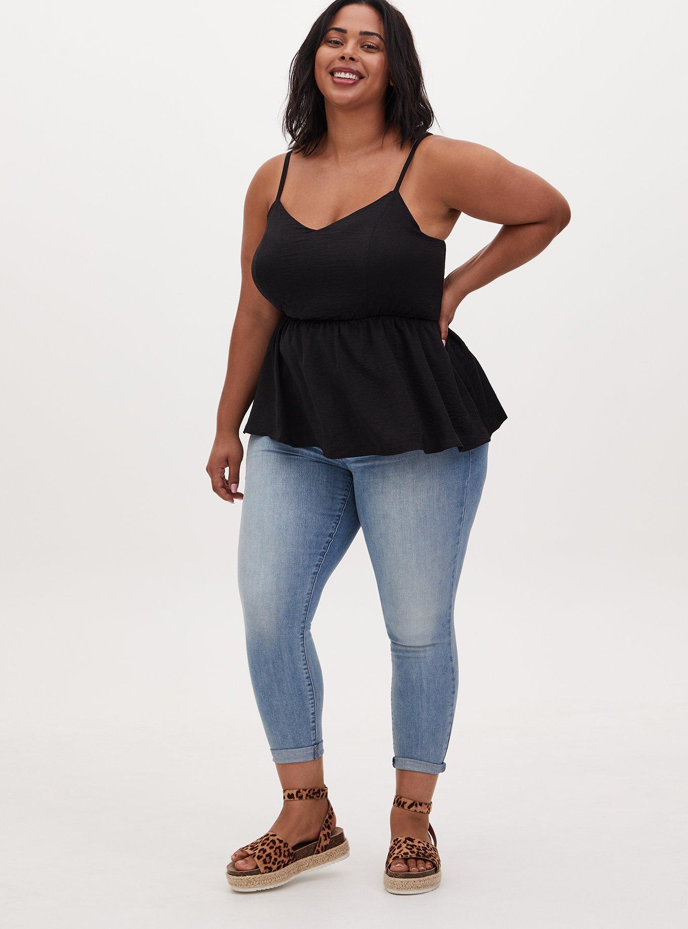 Black Textured Satin Peplum Cami, , alternate