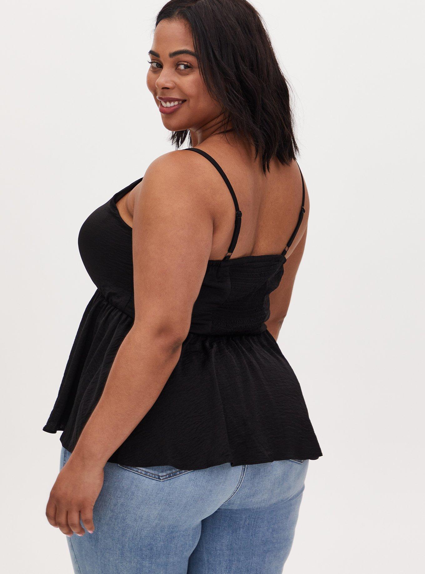 Black Textured Satin Peplum Cami, , alternate