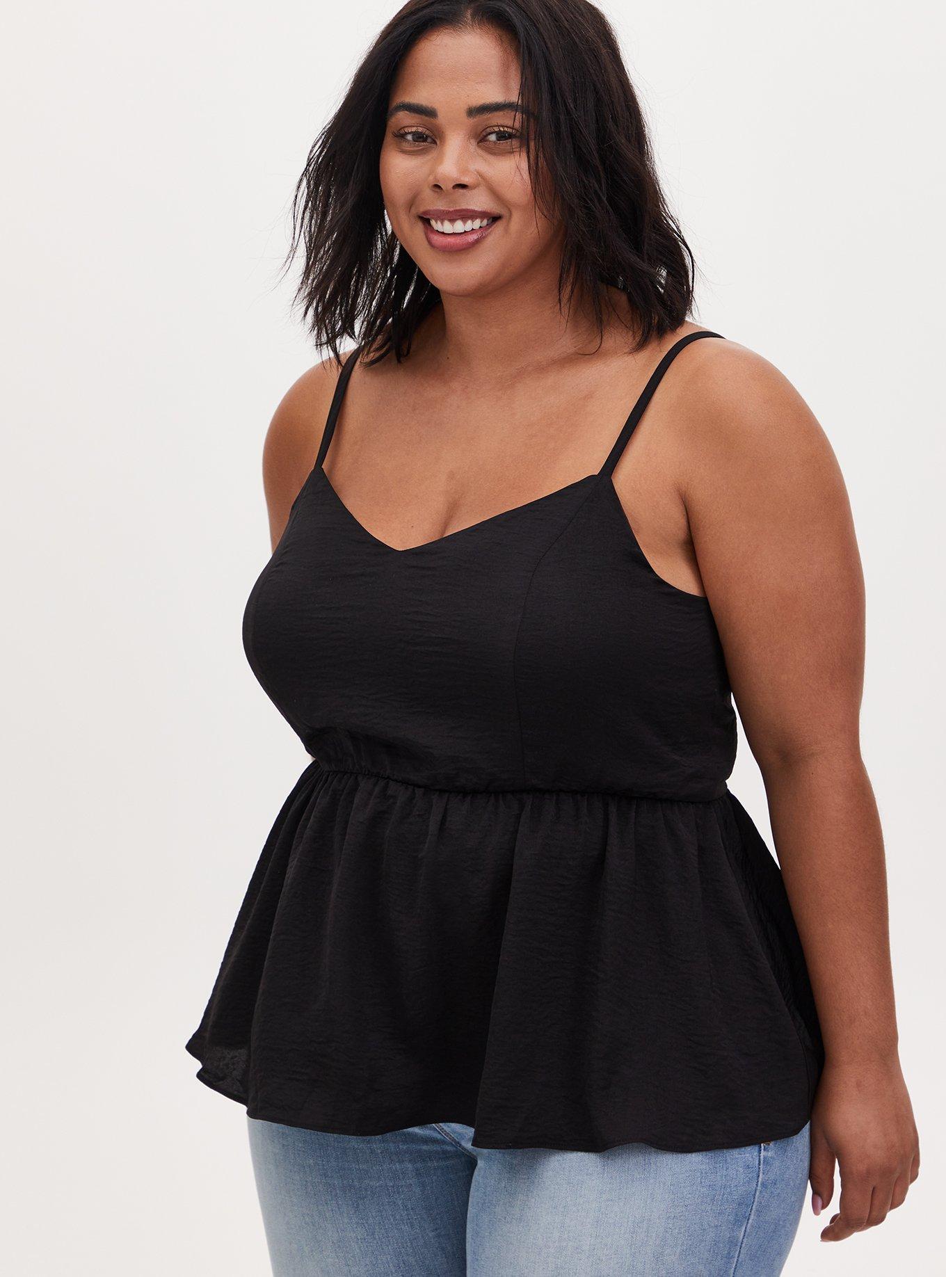 Black Textured Satin Peplum Cami, , hi-res