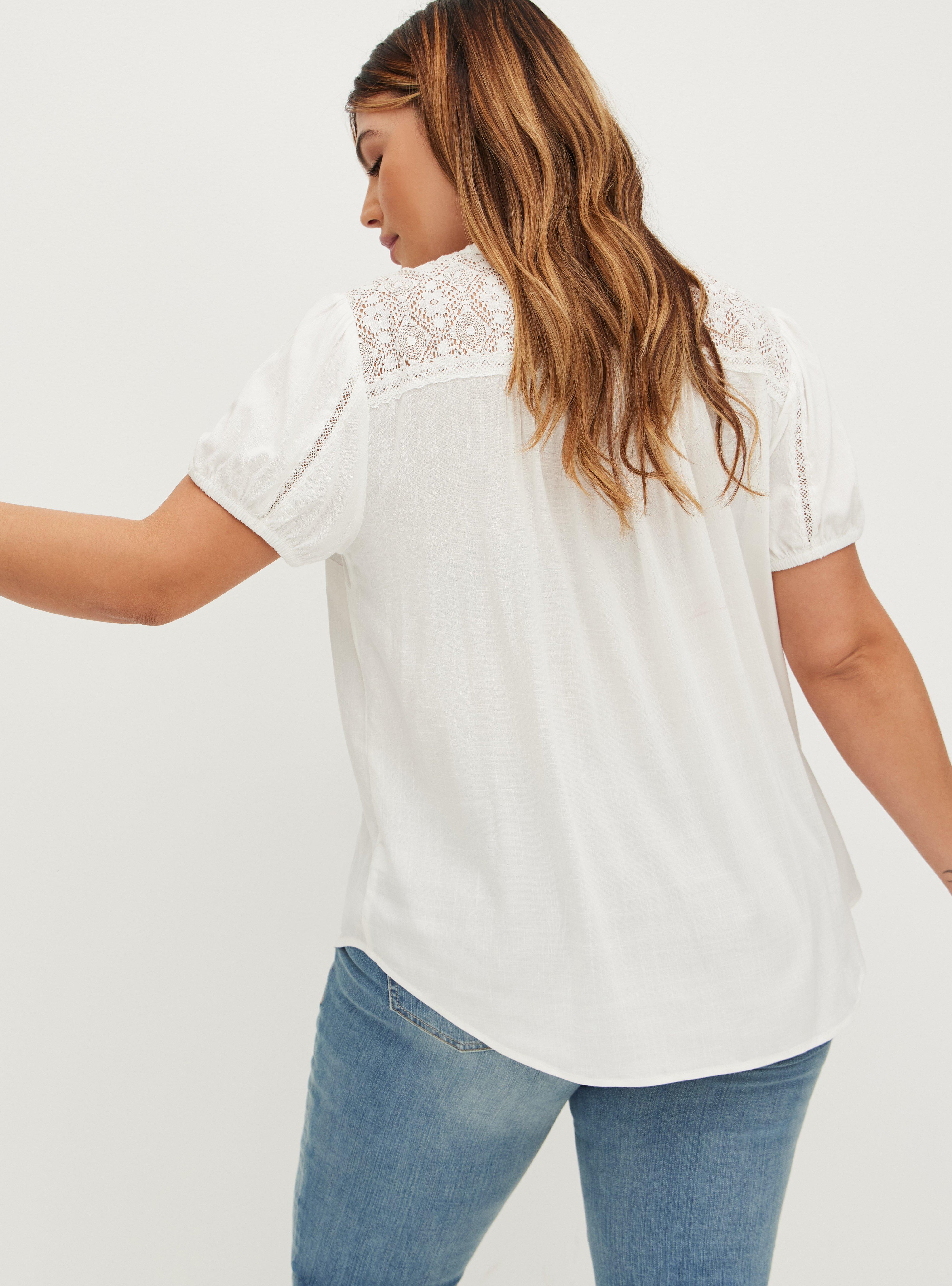 Rayon Slub Button-Front Lace Inset Top, CLOUD DANCER, alternate