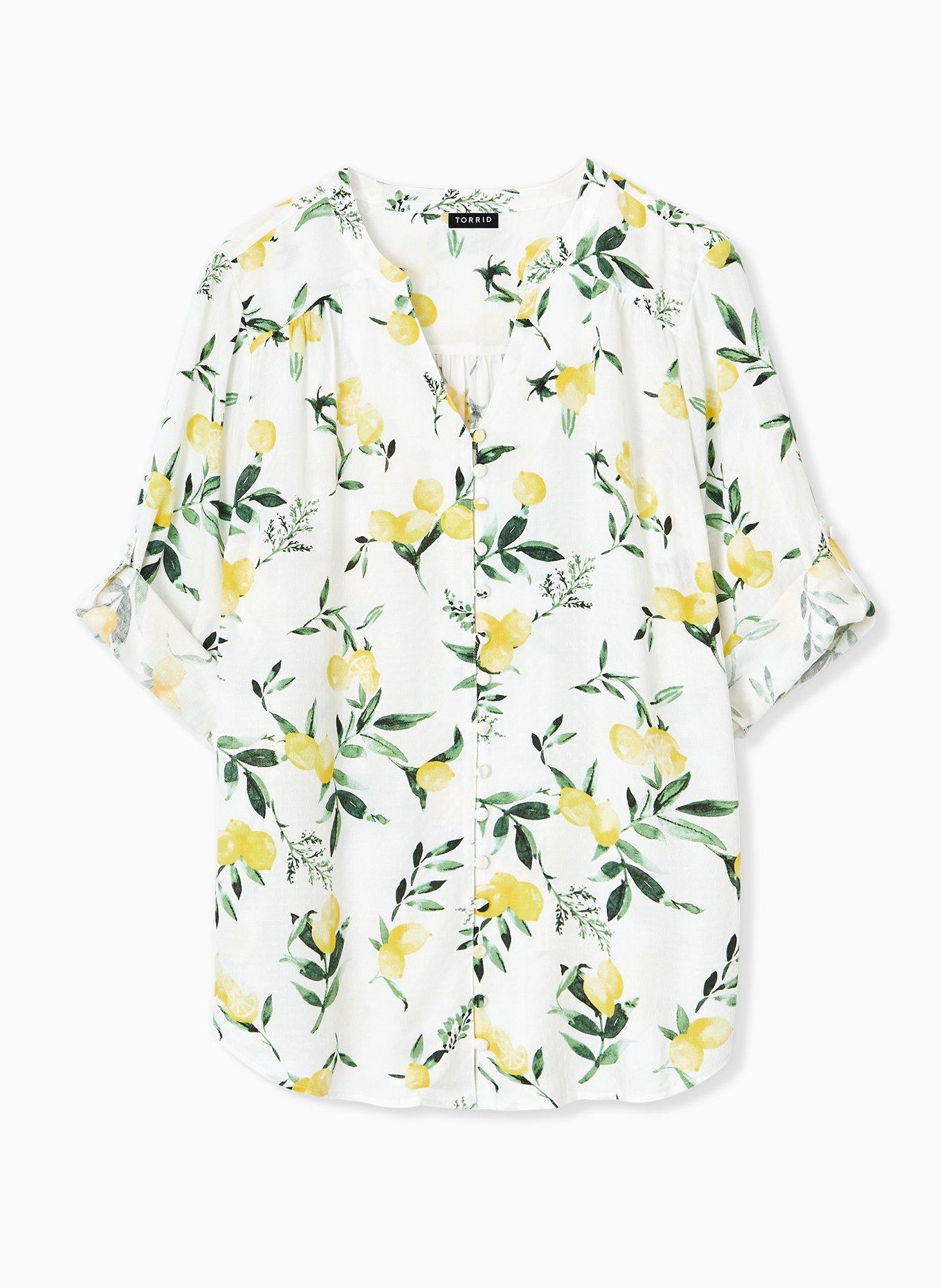 Plus Size - Harper - White Lemon Print Button Front Blouse