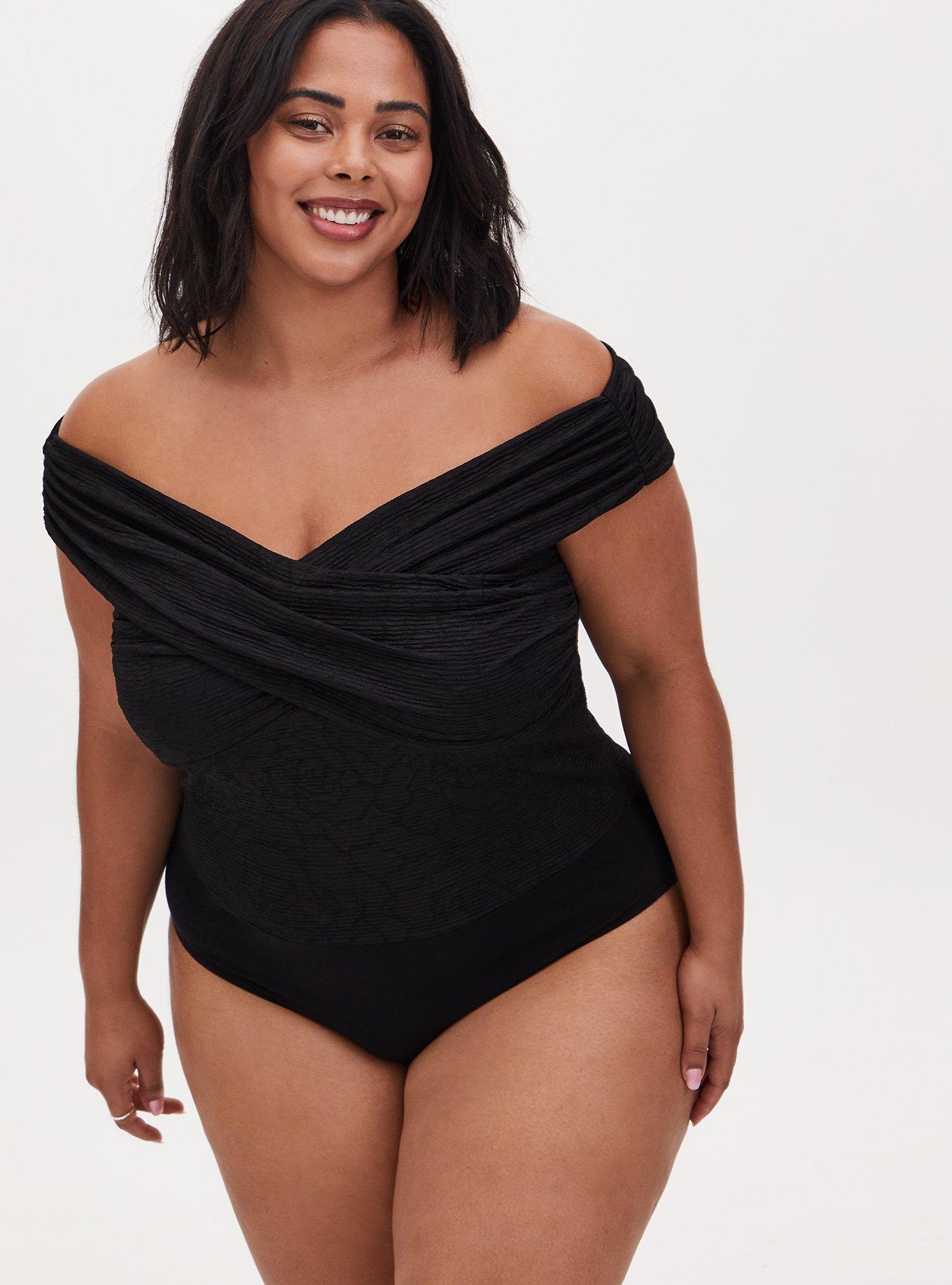 Plus Size - Black Studio Knit Crisscross Off Shoulder Bodysuit