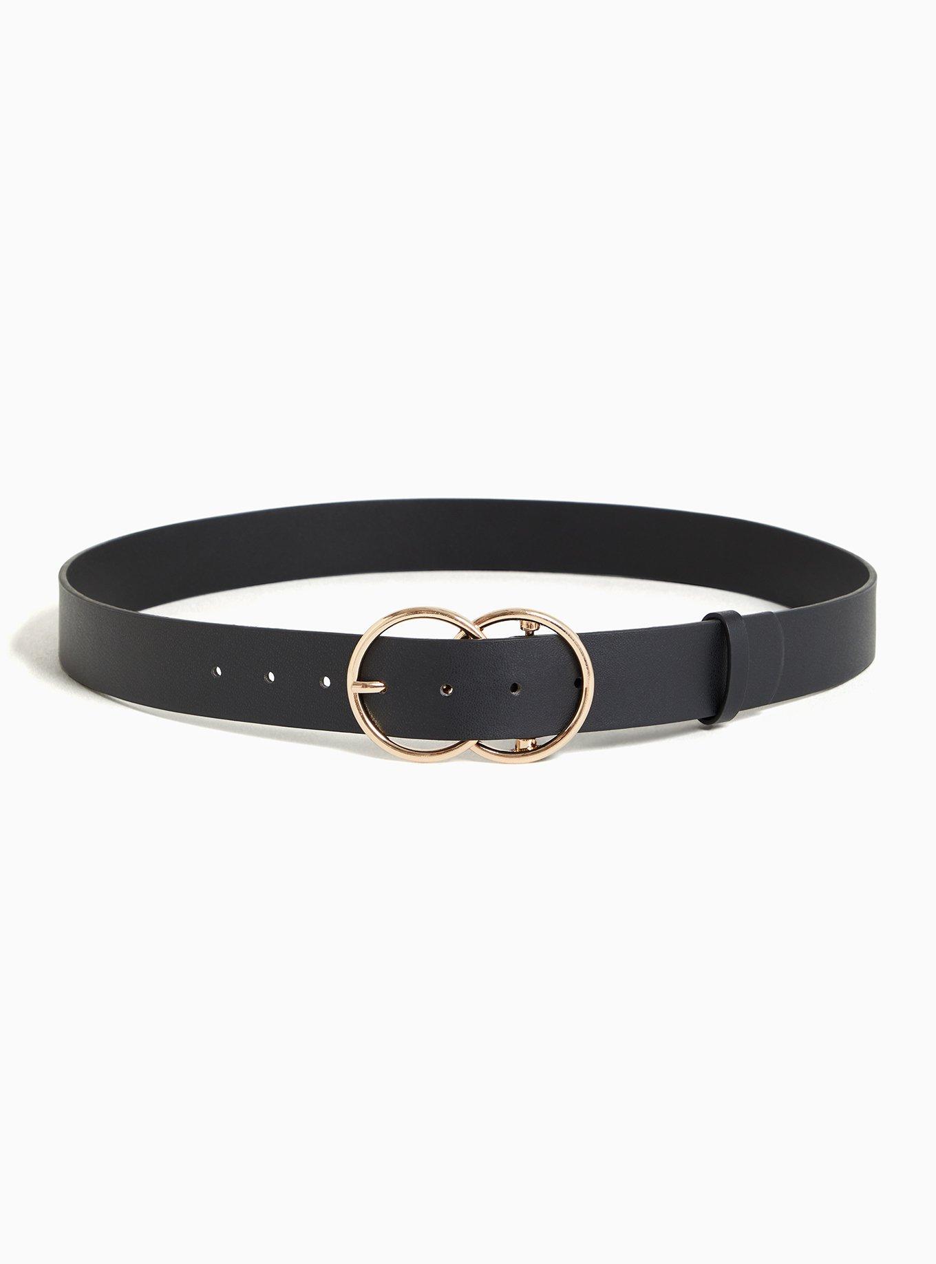 Black Faux Leather Dual Ring Buckle Belt, , alternate