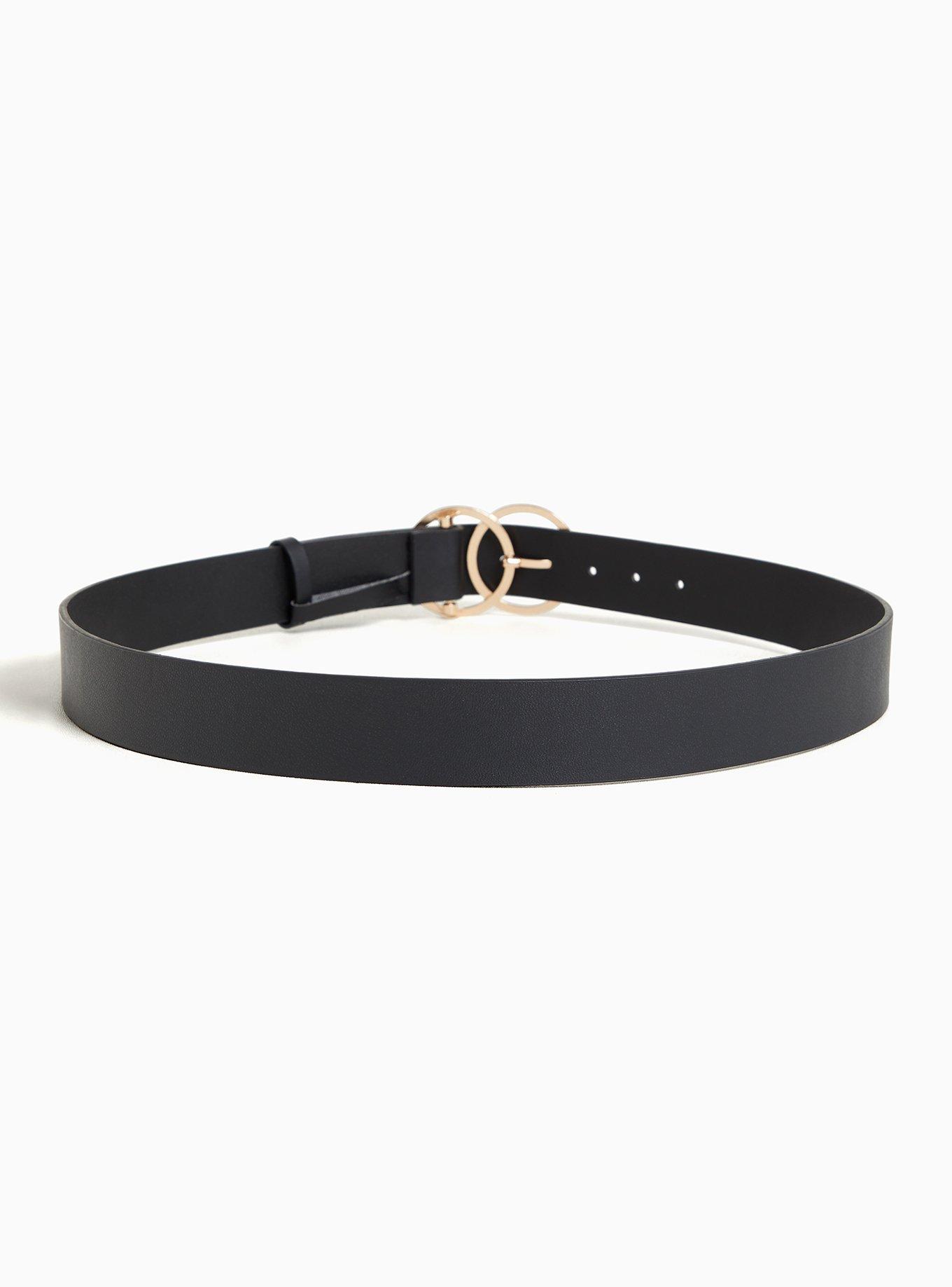 Black Faux Leather Dual Ring Buckle Belt, , alternate