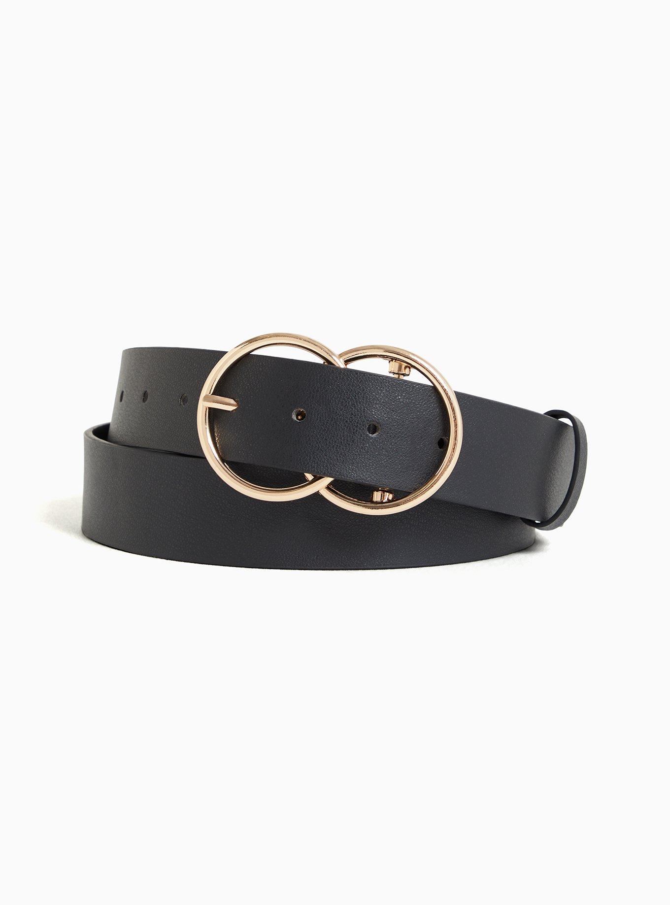 Black Faux Leather Dual Ring Buckle Belt, , hi-res