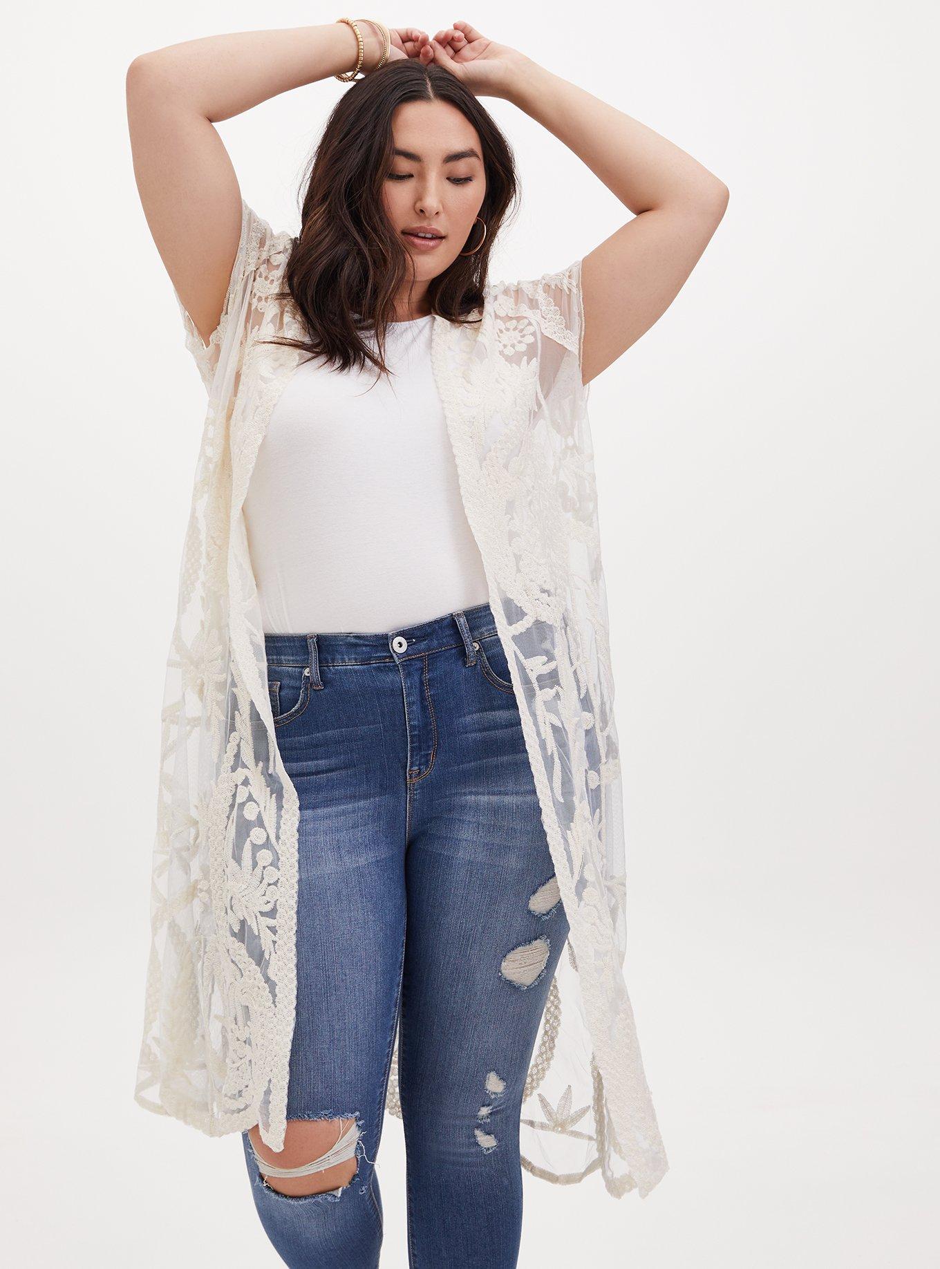 Plus Size - White Mesh Embroidered Longline Kimono - Torrid