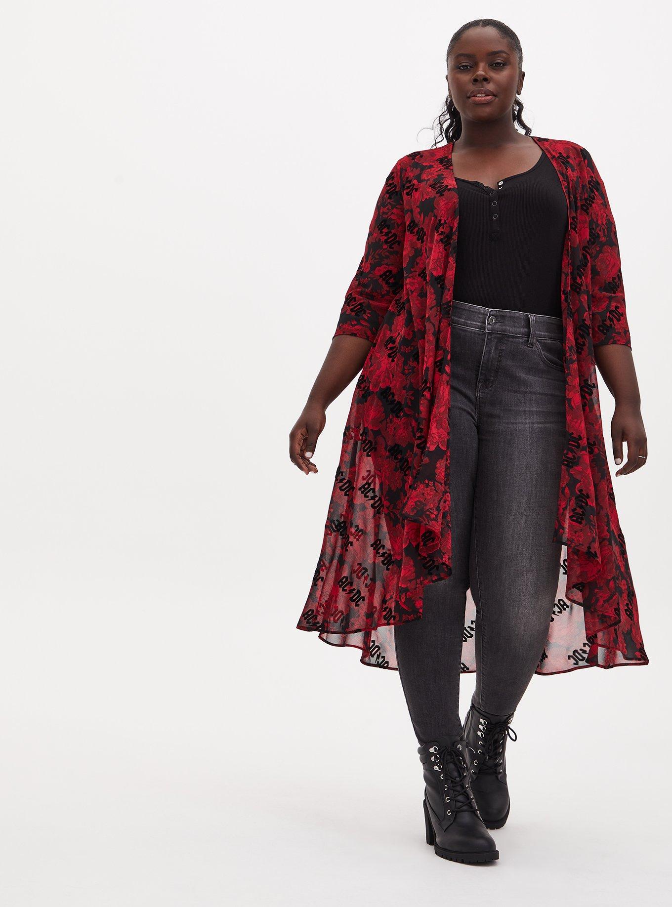 Plus Size AC/DC Black & Red Floral Chiffon Hi-Lo Kimono, MULTI FLORAL, alternate