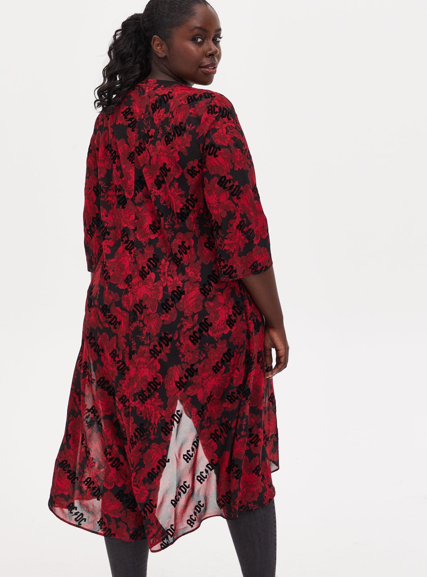 Plus Size AC/DC Black & Red Floral Chiffon Hi-Lo Kimono, MULTI FLORAL, alternate