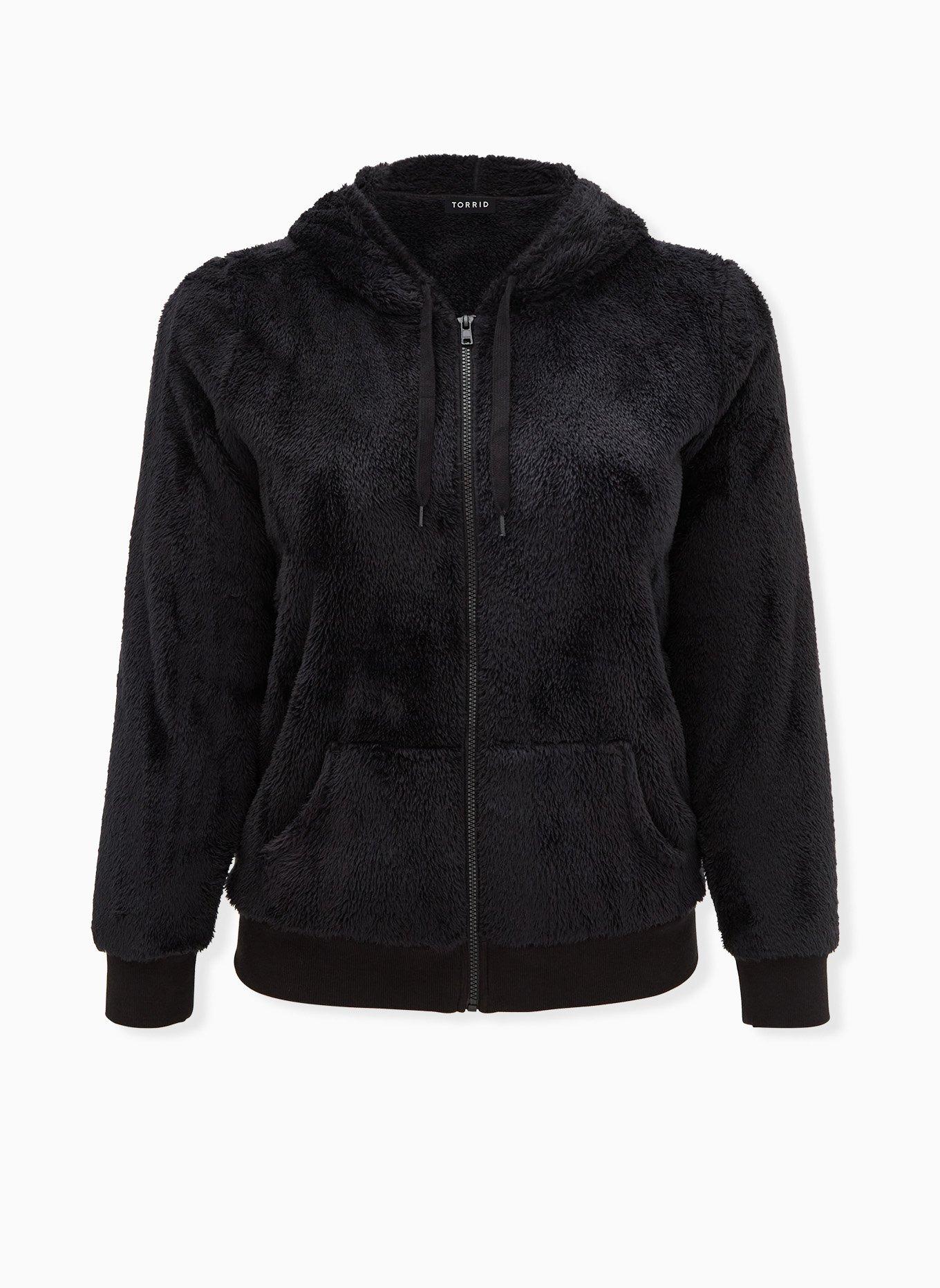 Black fluffy zip up jacket on sale