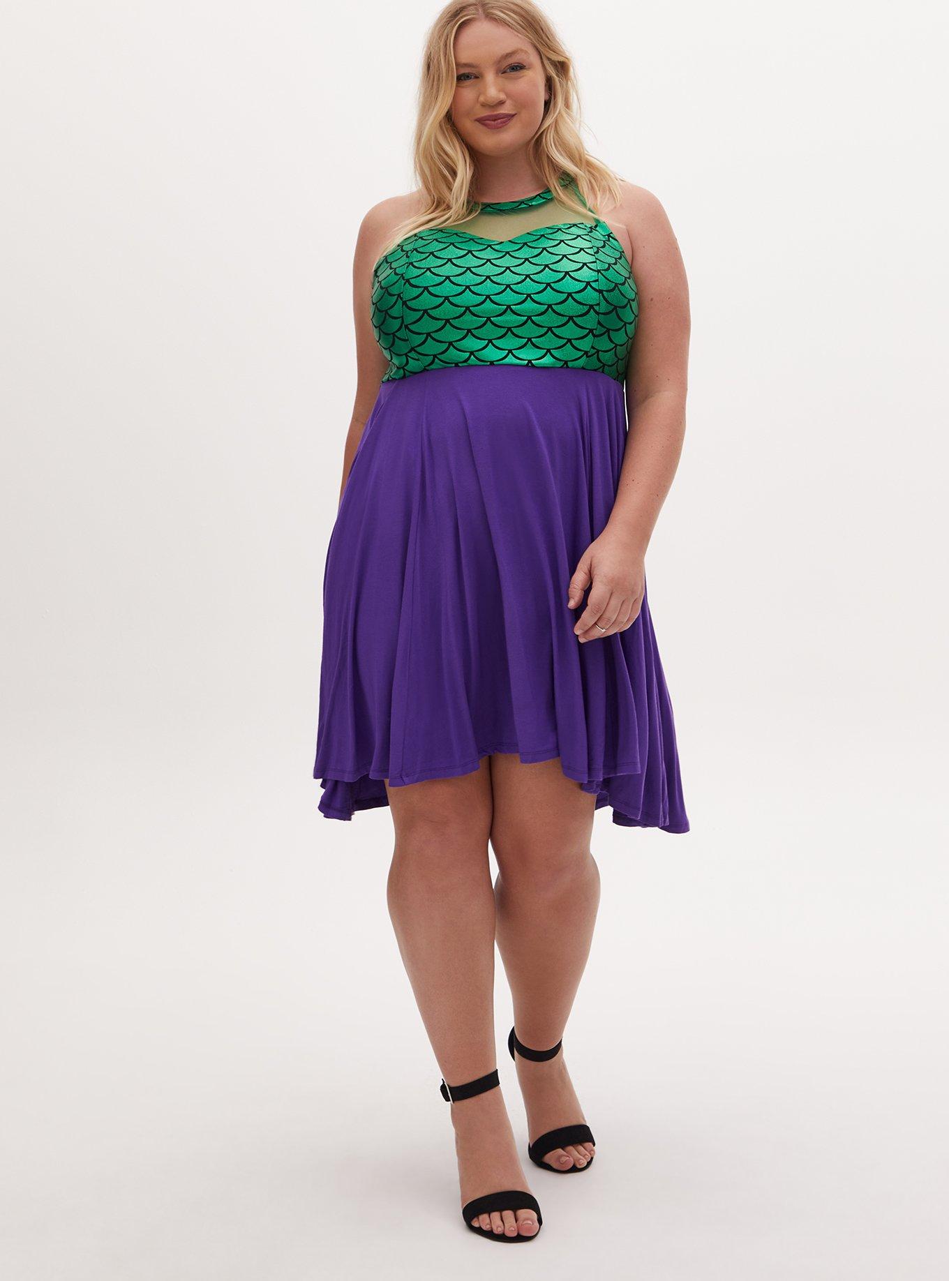 Plus Size - Disney The Little Mermaid Green & Purple Hi-Lo Skater Dress -  Torrid