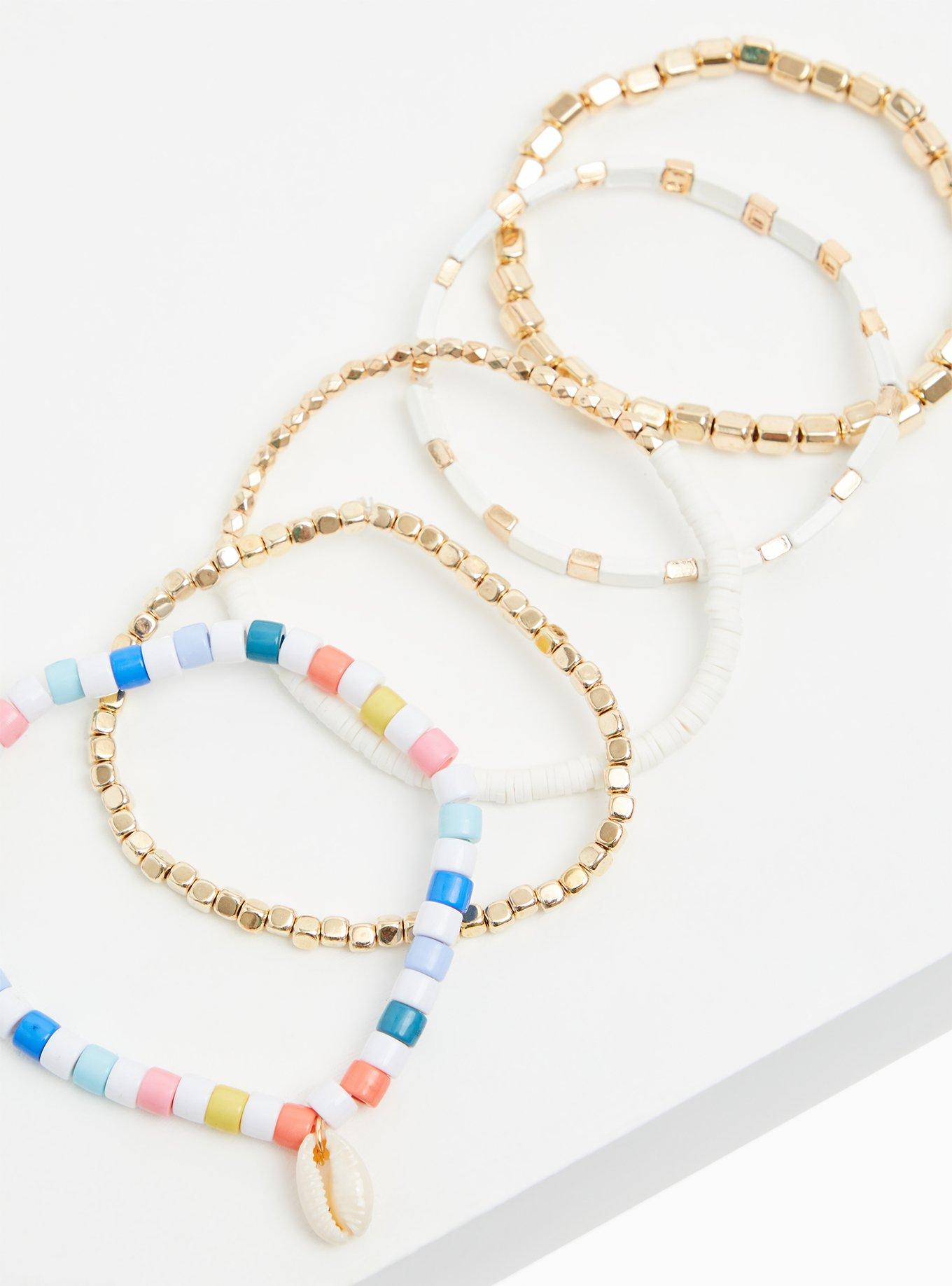 Plus Size Gold-Tone & White Beaded Stretch Bracelet Set - Set of 5, MULTI, alternate