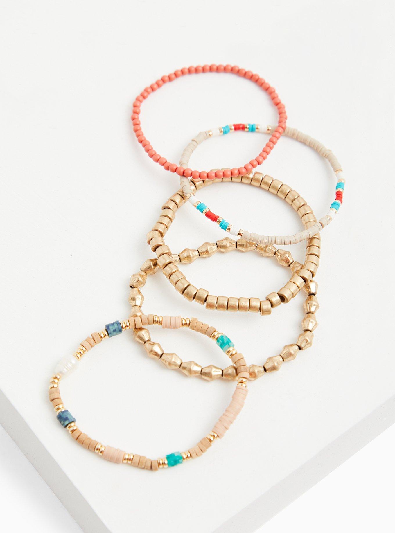 Gold-Tone & Multi Bead Stretch Bracelet Set - Set of 5, CORAL, alternate