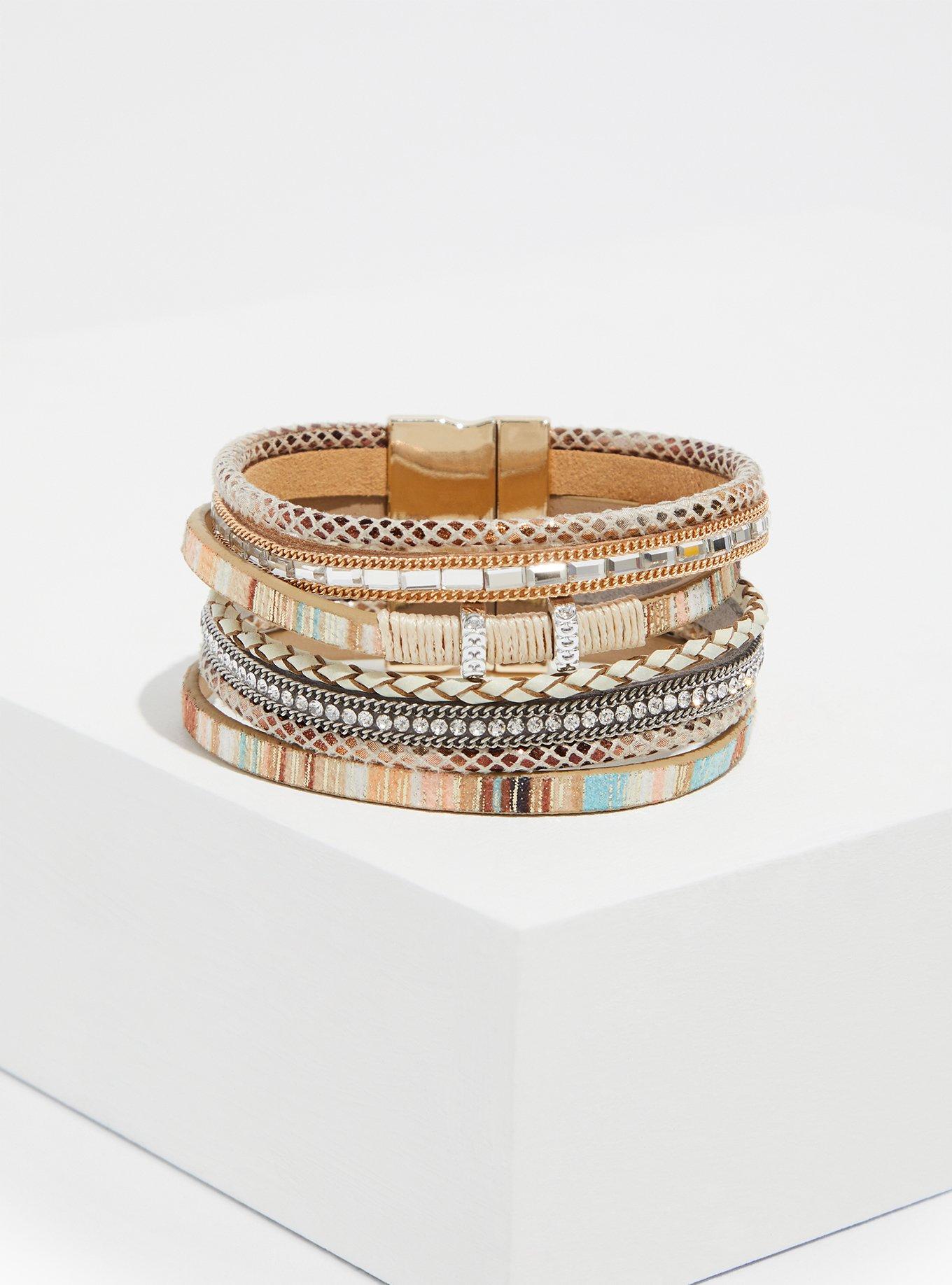 Multi Stripe Faux Leather Magnetic Bracelet , IVORY, hi-res