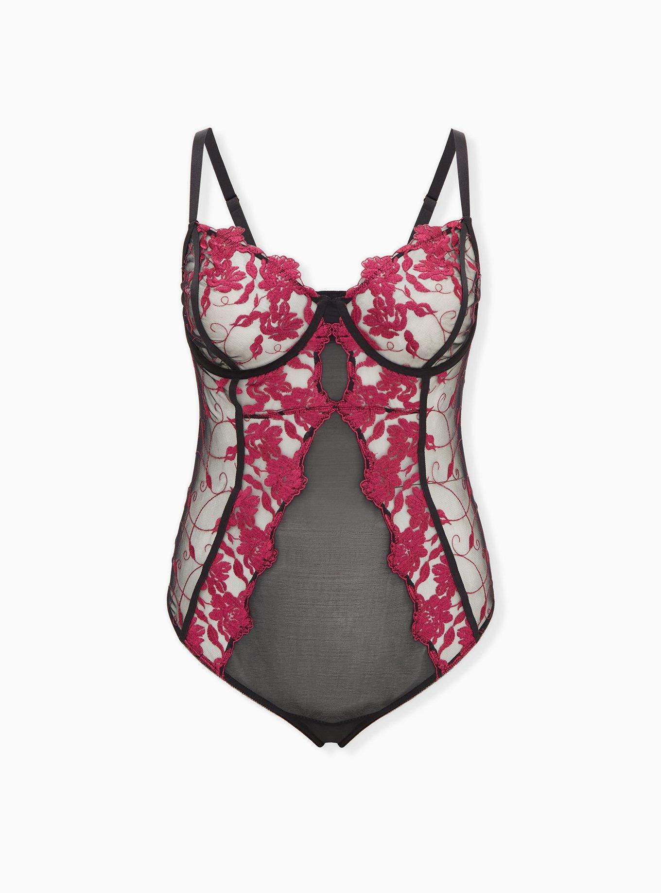 Plus Size Two Tone Floral Embroidered Mesh Bodysuit, NAVARRA, hi-res
