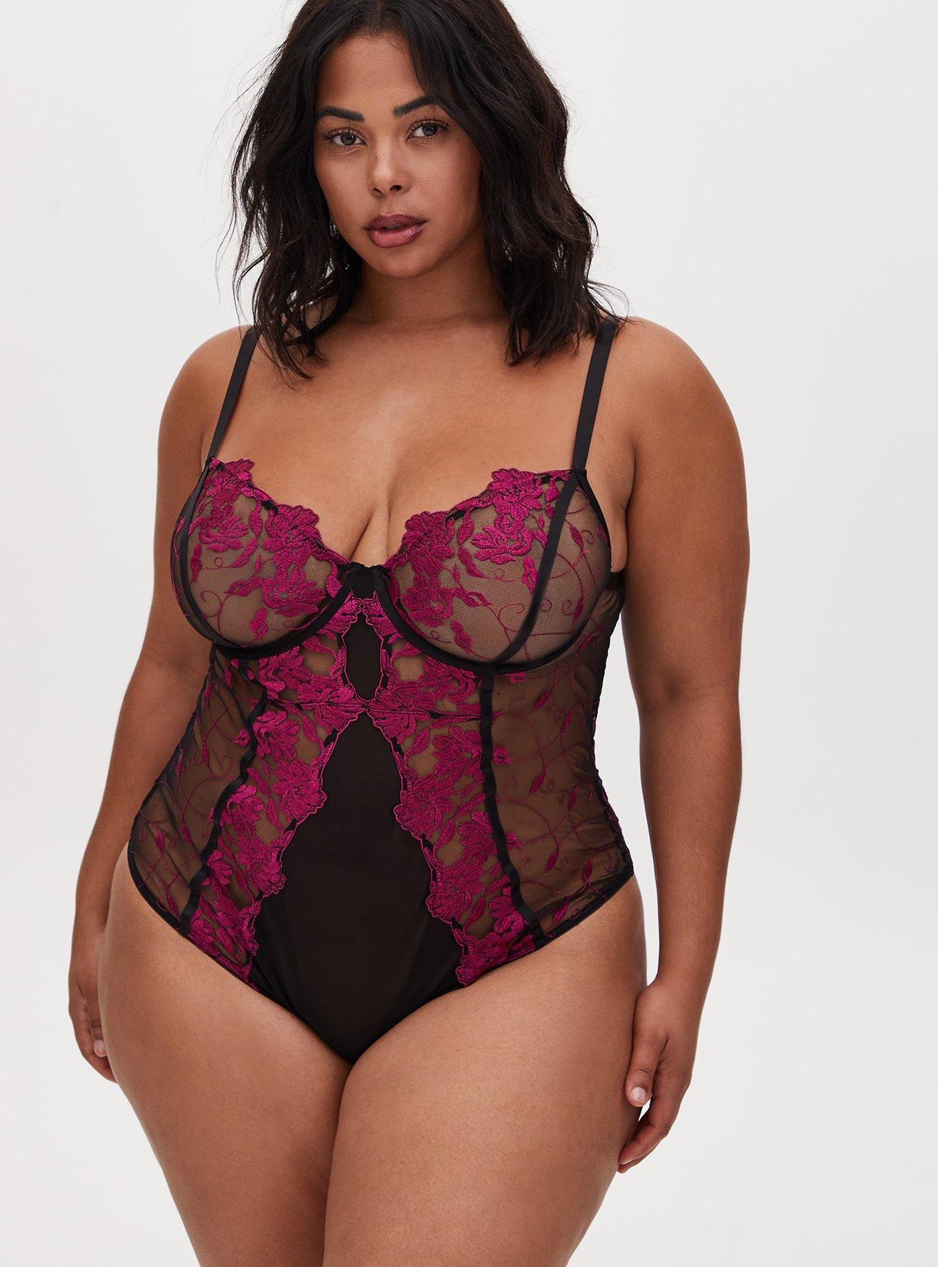 Plus Size Two Tone Floral Embroidered Mesh Bodysuit, NAVARRA, hi-res