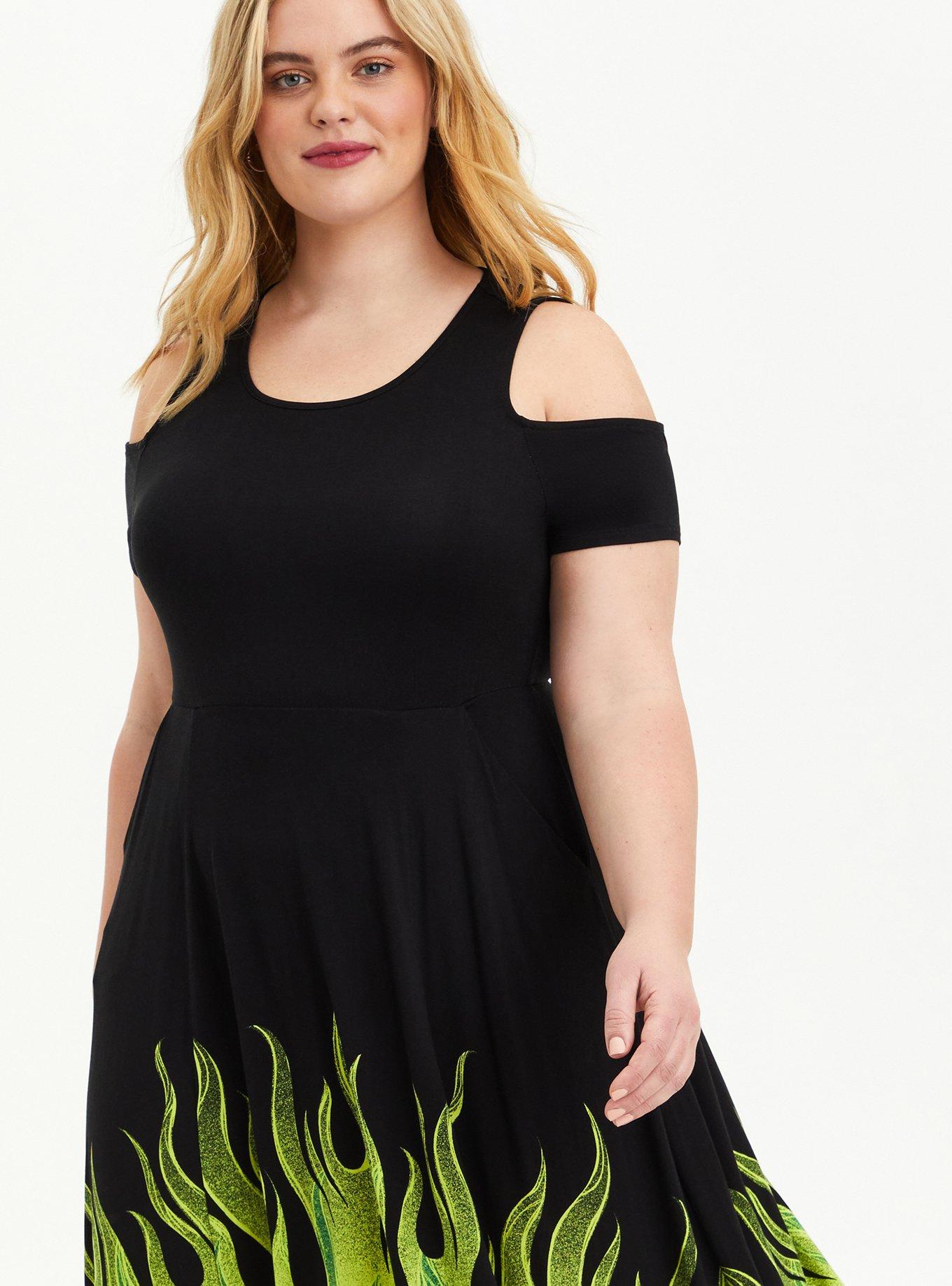 Plus Size Disney Sleeping Beauty Maleficent Flame Cold Shoulder Sharkbite Black Dress , BLACK GREEN, alternate