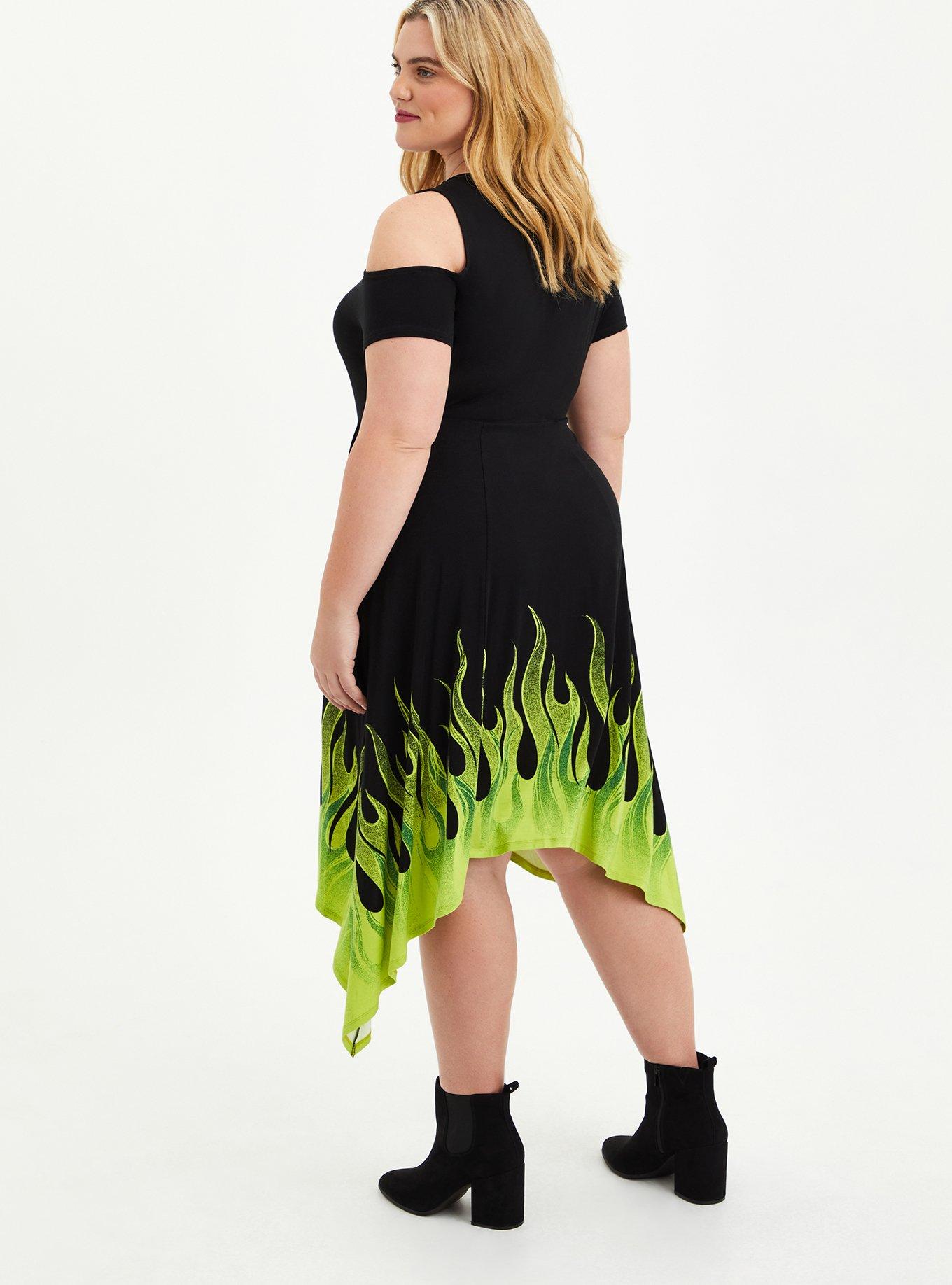 Plus Size Disney Sleeping Beauty Maleficent Flame Cold Shoulder Sharkbite Black Dress , BLACK GREEN, alternate