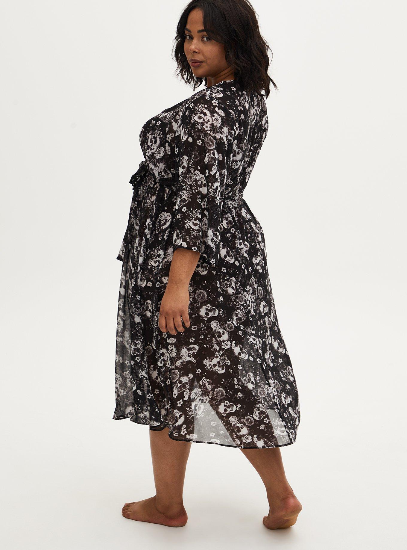 Chiffon Long Lingerie Robe, BOUQUET BLACK FLORAL, alternate