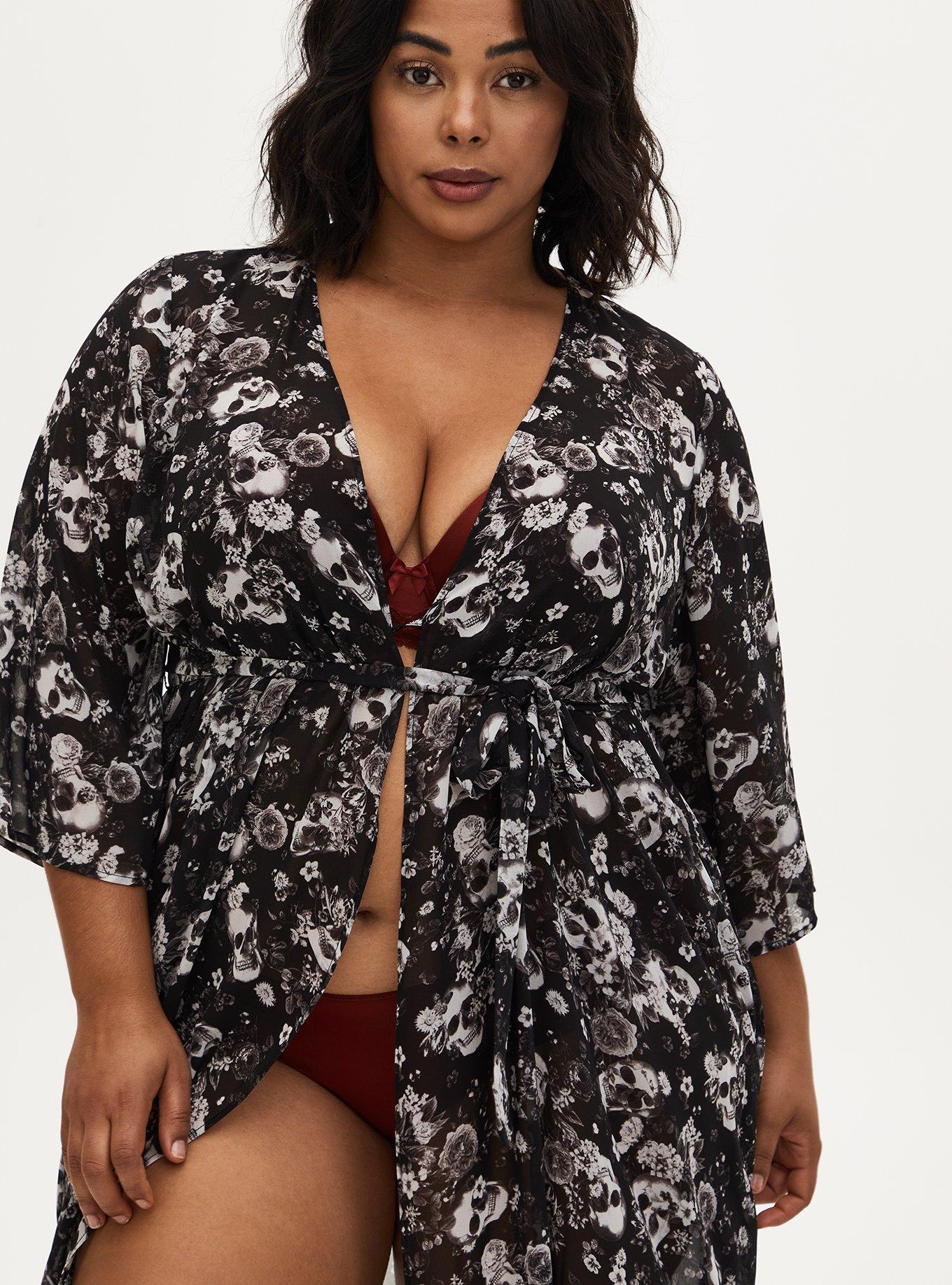 Chiffon Long Lingerie Robe, BOUQUET BLACK FLORAL, alternate