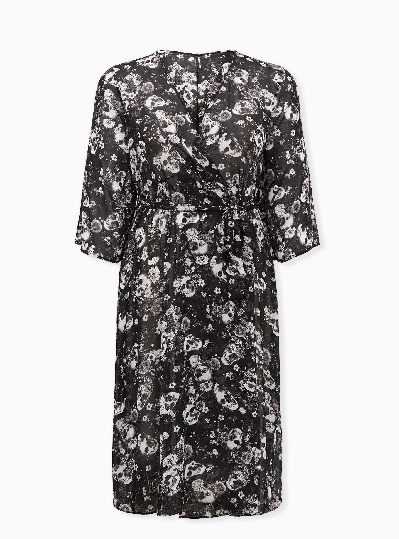 Chiffon Long Lingerie Robe, BOUQUET BLACK FLORAL, hi-res