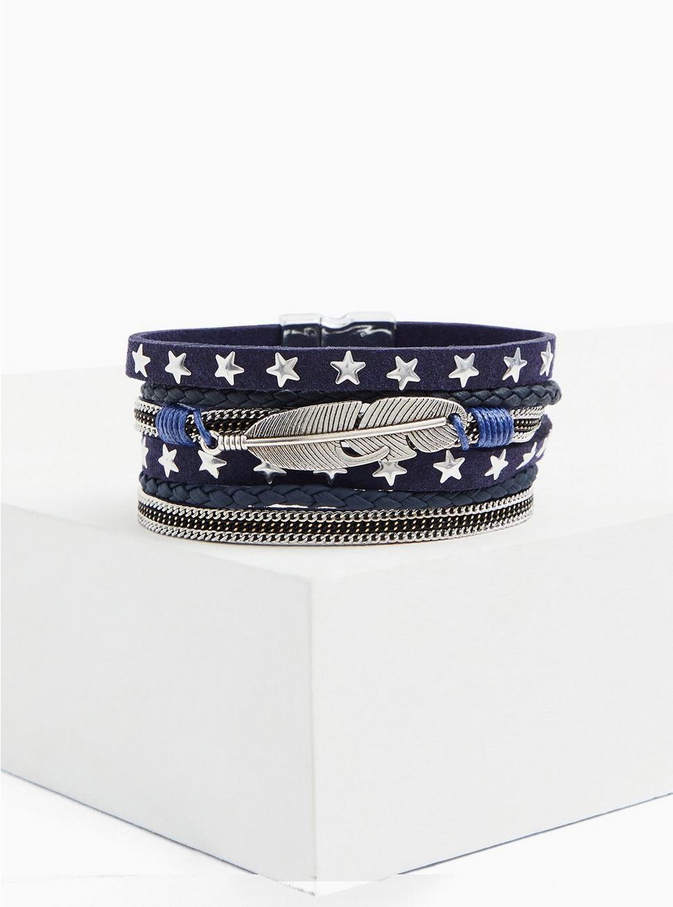 Navy & Silver-Tone Star Magnetic Bracelet, BLUE, hi-res