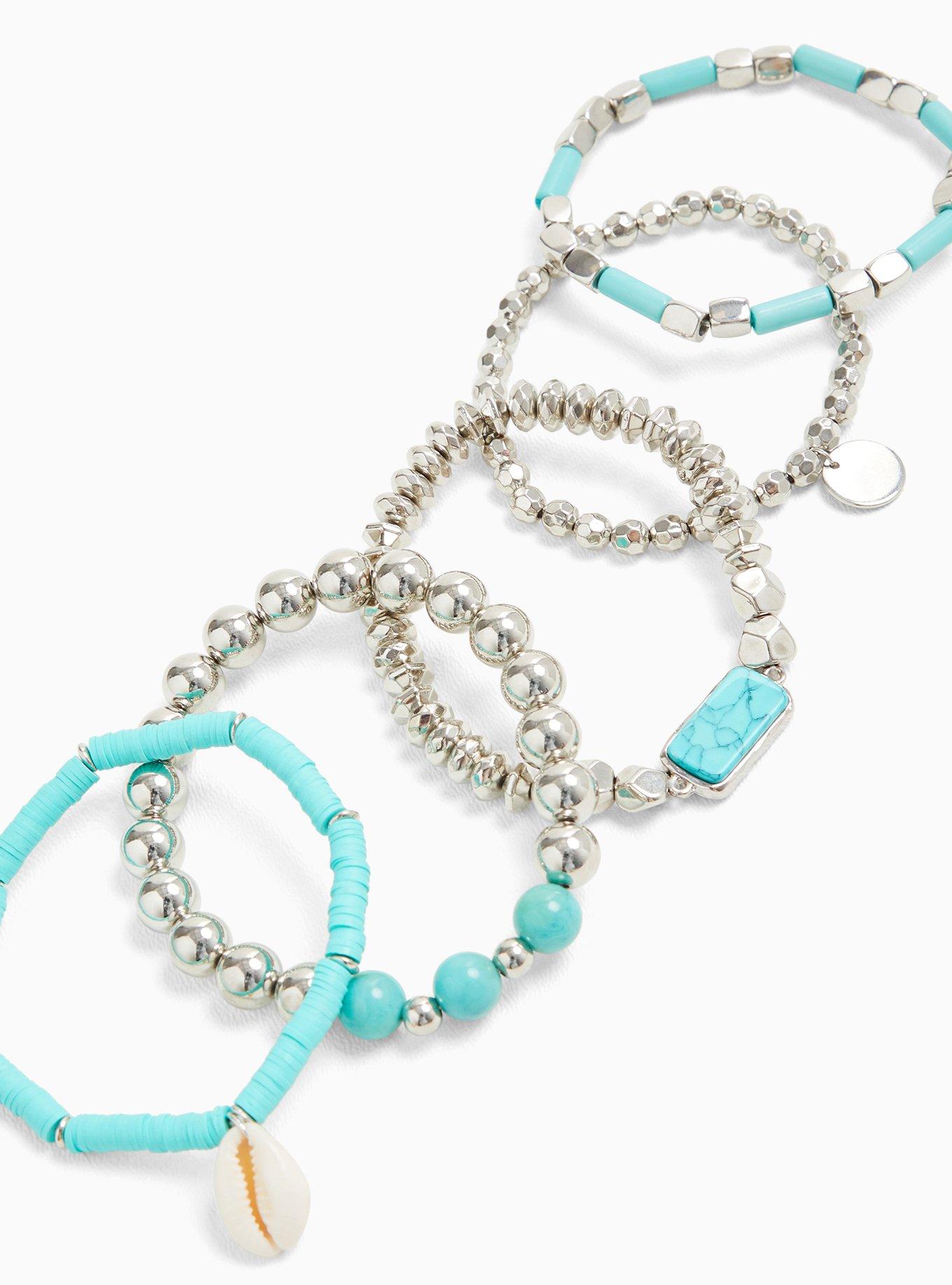 Plus Size Silver-Tone & Turquoise Beaded Bracelet Set - Set of 5, TURQUOISE, alternate