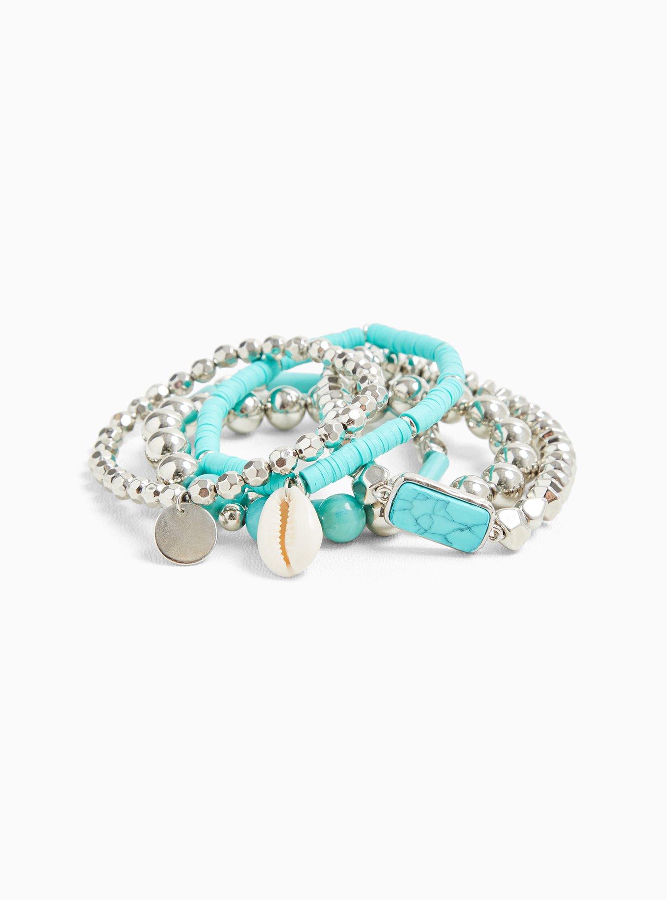 Plus Size Silver-Tone & Turquoise Beaded Bracelet Set - Set of 5, TURQUOISE, alternate