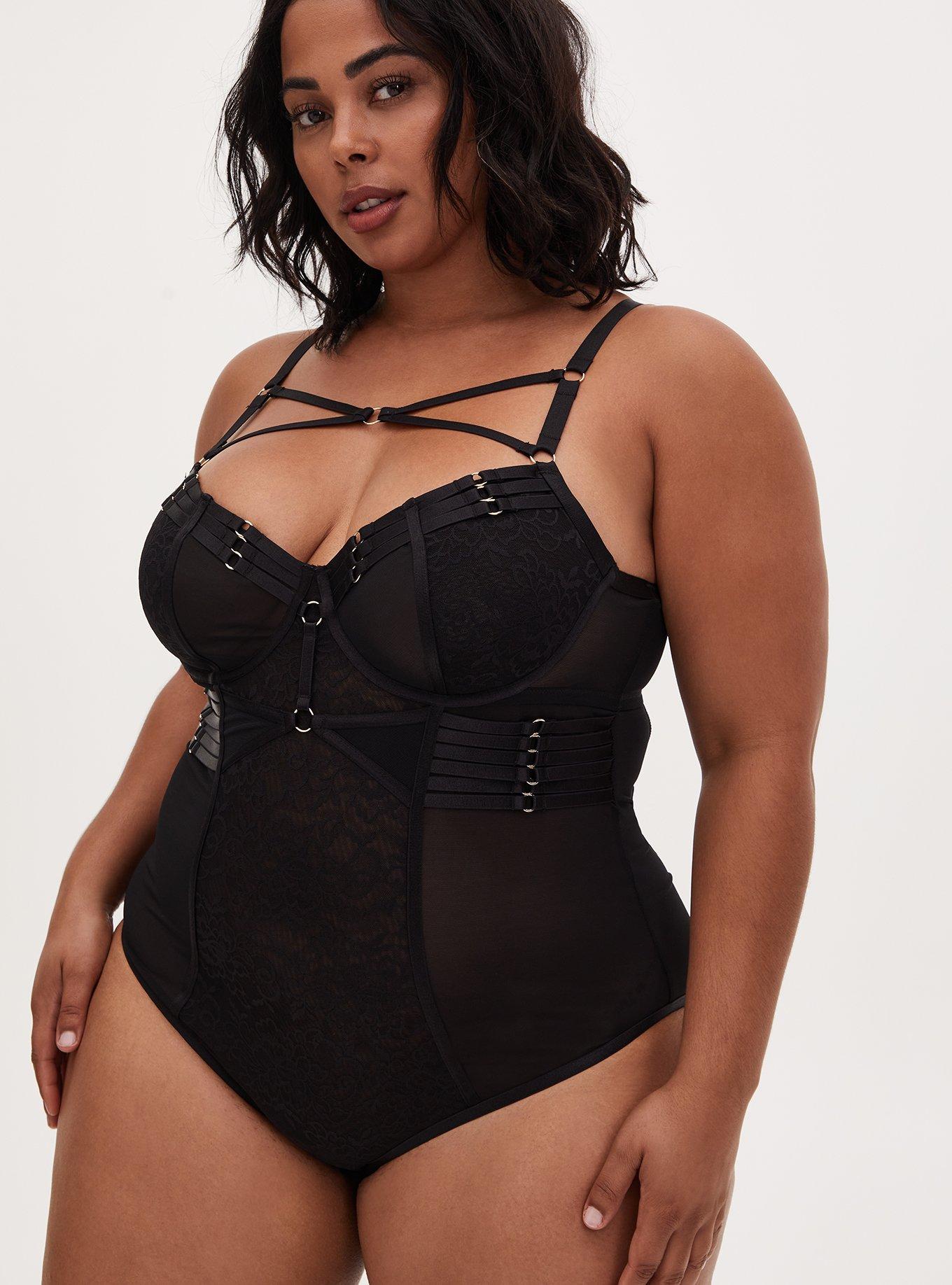 Plus Size Faux Leather and Mesh Teddy and Harness Set, Plus Size